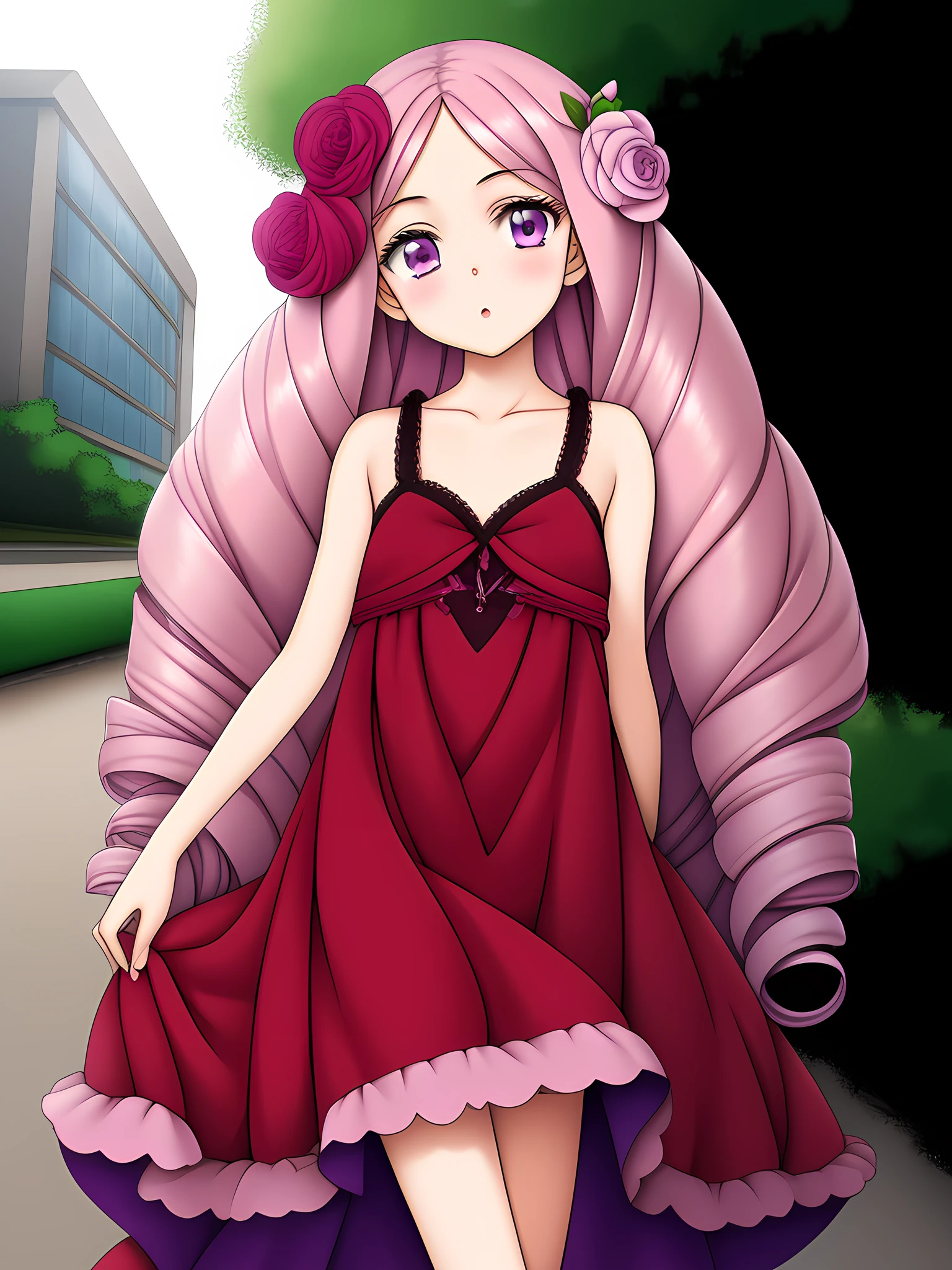 best quality,absurdres,cowboy_shot,1girl,solo,looking at viewer,teenager,ite,;d,standing,purple eyes,(long hair:0.9),(pale pink hair:0.9),hair flower,(curly hair:0.9),red dress,park,<lora:Anna Sprengel XL1.0 V1:1>,