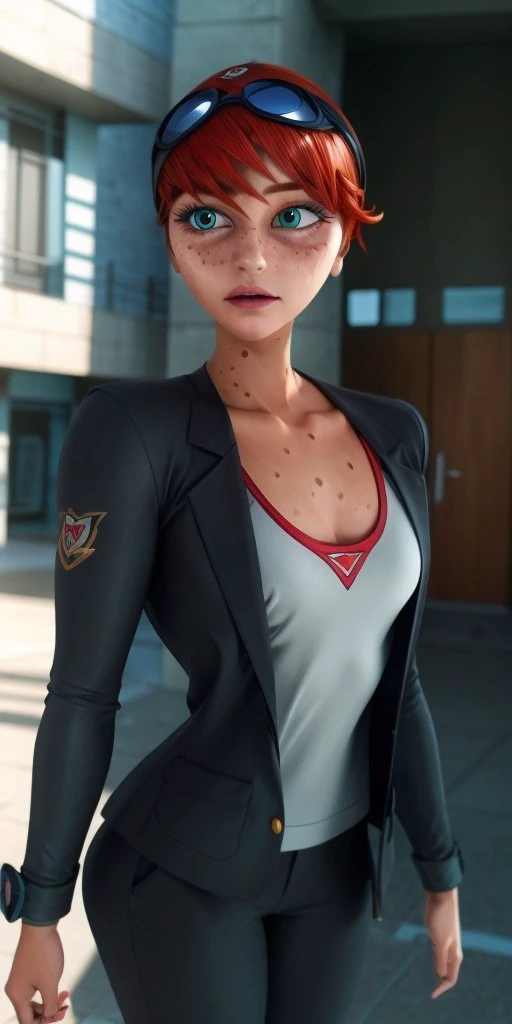 Hyperrealistic, photorealistic, super detailed, (long-sleeved blazer), trousers, expressive brilliant turquoise eyes, short red hair, body like in real life, several freckles on face, large pores, peach skin, slender, beautiful arms, very little very flat breasts, unreal engine, octane render, droped shadow, bokeh, cinematic lighting, <lora:add_detail:0.5>, <lora:Volumetric_lighting:0.6>, Ondine, <lora:4507115e-c874-4ac1-a882-1dcdf4e235ab:0.7>