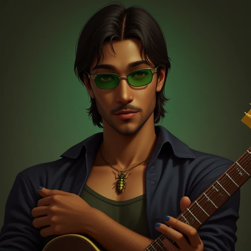 partially unbuttoned, mustache, brown eyes, green-framed eyewear, bug, blue nails, guitar, male focus, crossed arms