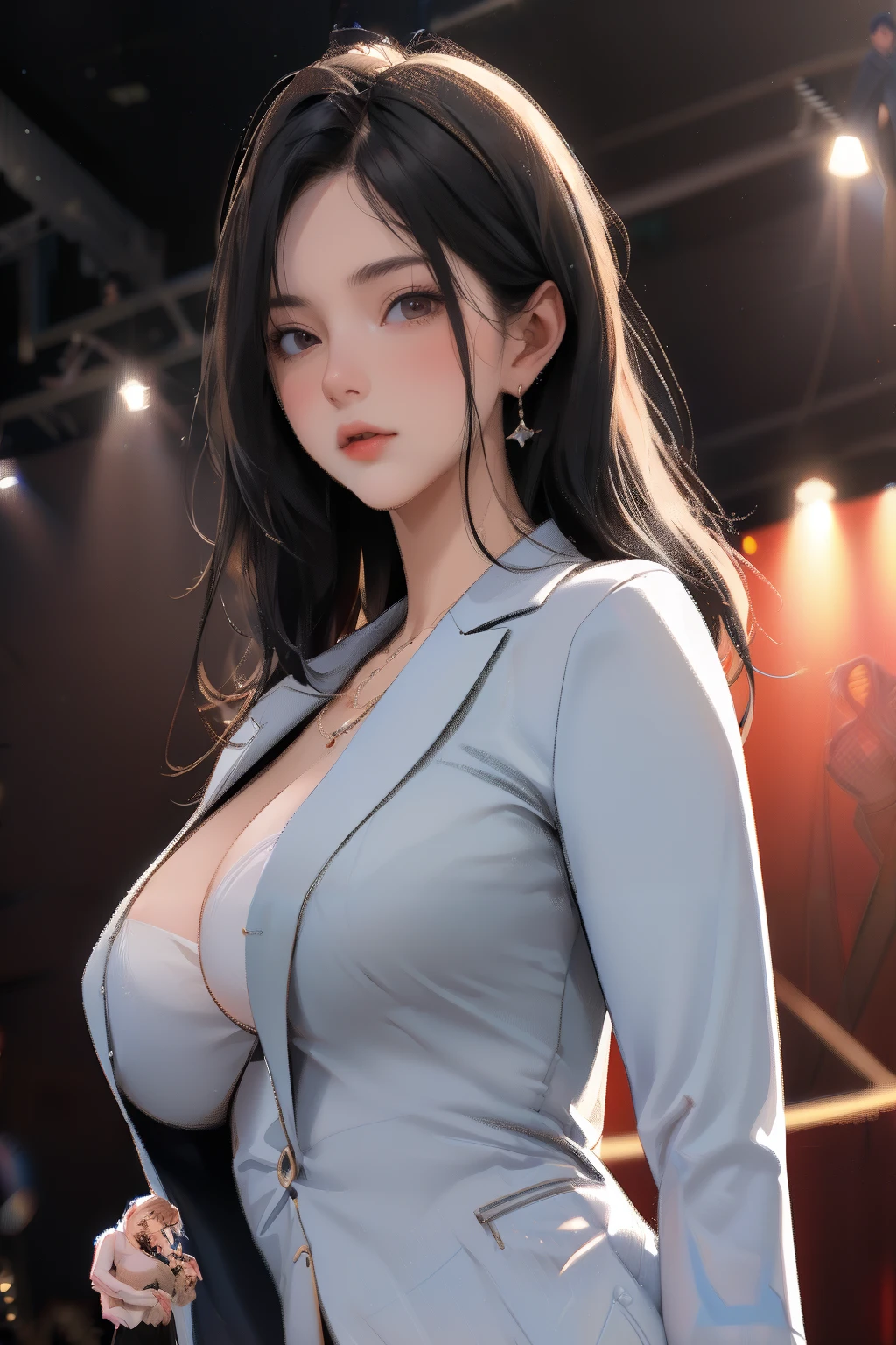 (best quality:1.5, highres, UHD, 4K, detailed lighting, shaders), black floral haired, gradient hair, large breasts, white suit, gray shirt, white social shirt, white short skirt, mature woman , (pov), white background, colorful eyeshadow, dramatic lighting, sparkling eyes, sensual expression, golden earrings, flowing hair, delicate facial features, soft skinned, high cheekbones, urban setting, white background, dont look for the camera, lean forward,