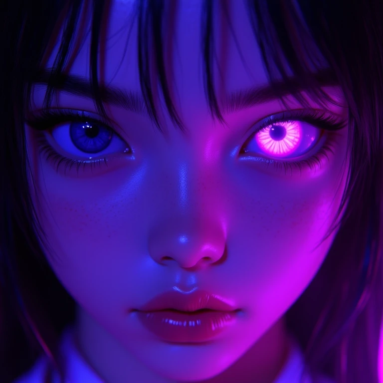 This image is a highly detailed, hyper-realistic CGI rendering of a young woman's face. The artwork features a close-up of a person with striking, glowing purple pupil and black sclera, which dominate the scene, giving a surreal, almost ethereal quality. The eyes are wide open, with a hint of intensity and curiosity. Her skin has a smooth, almost luminescent texture, bathed in a vibrant, neon purple light that casts a mesmerizing glow across her face, <lora:holographic-flux_fast_1:0.8>