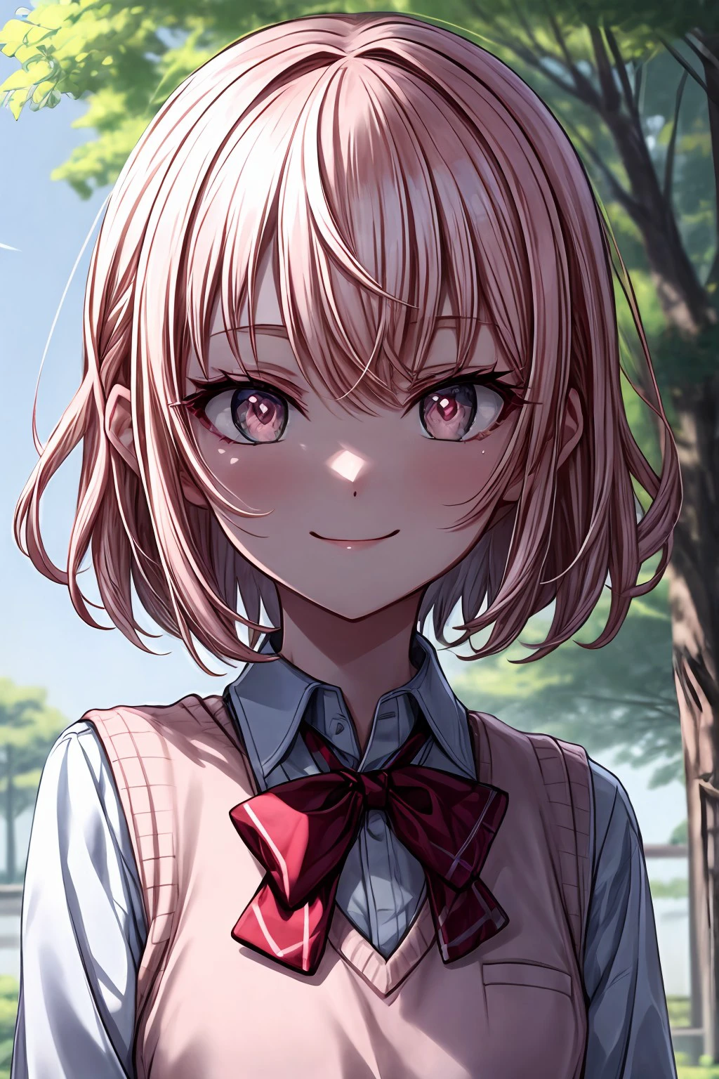 (masterpiece), best quality, expressive eyes, perfect face, akiyama_m, pink eyes, looking at viewer, short hair, parted bangs, school uniform, white shirt, red bow, collared shirt, long sleeves, blue sweater vest, hair behind ears, outdoors, smile, closed mouth, <lora:0a70ac4e-017c-4b3c-8a37-91bb98b23c88:0.7>, <lora:more_details:0.7>