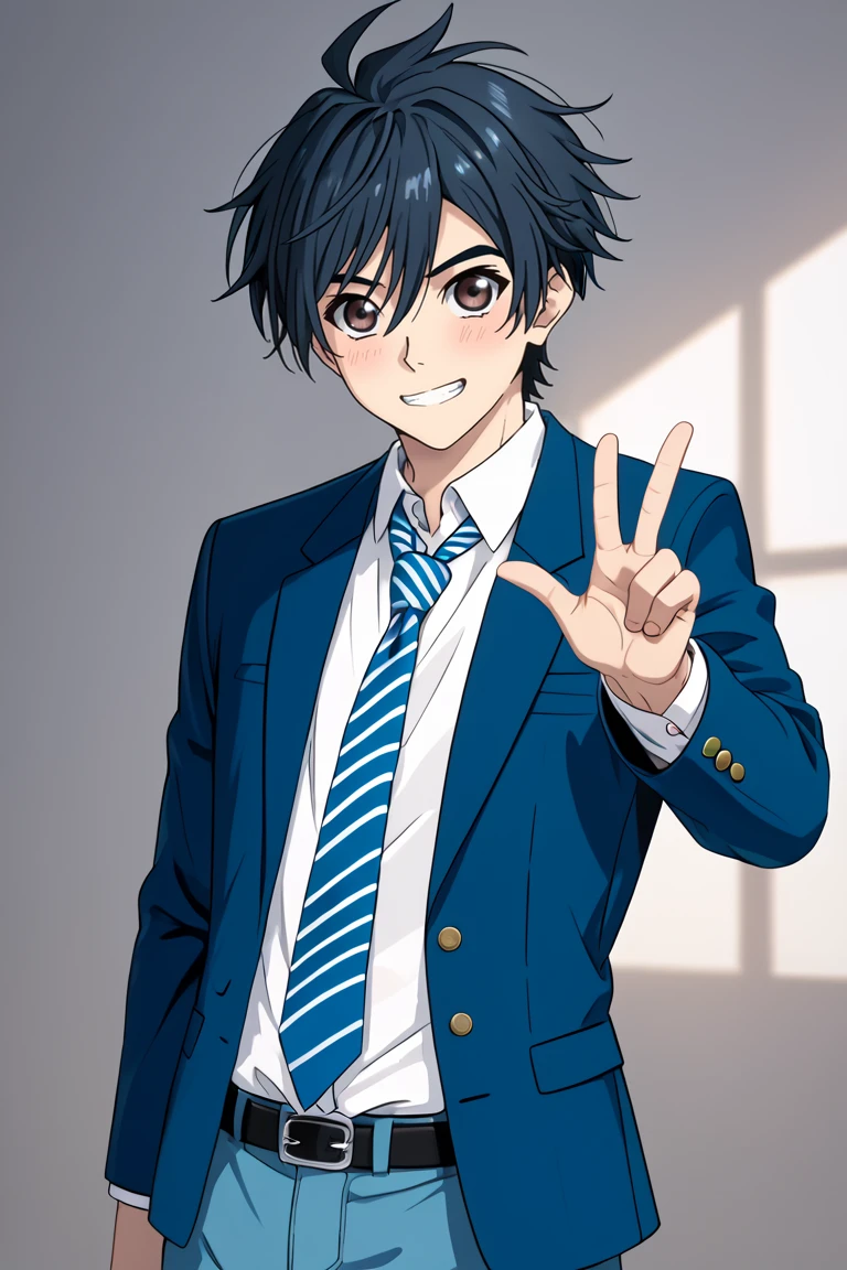 zPDXL2,<lora:re_mainV2:1>,rating_safe,cowboy shot,1boy,male focus,looking at viewer,smile BREAK minato kiyomizu,:d,(v:1.2),school uniform,blazer,white collared shirt,diagonal-striped necktie,blue necktie,open clothes,