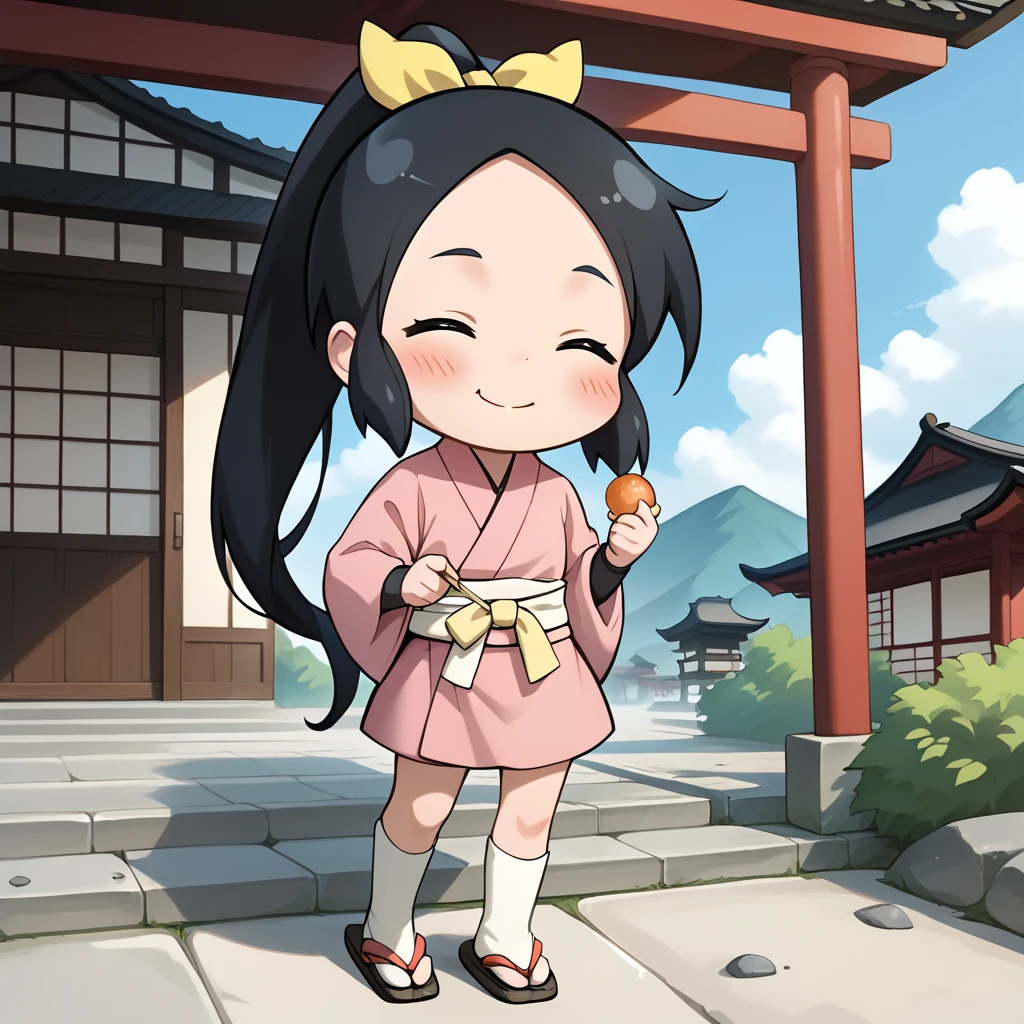 score_9, score_8_up, score_7_up, 1girl, solo, uncensored, shinobichidori, 1girl, solo, smile, eating, crumbs, onigiri, closed eyes, closed mouth, chewing, seiza,   chibi, black hair, yellow ribbon, ponytail, pink kimono, white socks, white obi, sandals, outdoors, east asian architecture, building, japanese garden, porch <lora:ShinobiChidoriXL_v1.0:1>