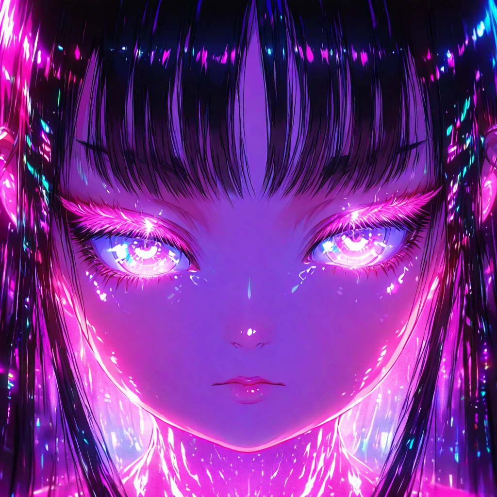 The image is a highly detailed, digital illustration in a vibrant, neon-lit style. The subject is a young woman with striking, ethereal features. Her skin has a smooth, almost translucent quality, with a soft, glowing sheen, particularly noticeable on her cheeks and forehead. Her eyes are an intense, glowing magenta, with intricate, shimmering details that suggest iridescent, almost supernatural qualities. Her eyelashes are long and dark, framing her eyes dramatically.,
, <lora:holographic:0.8>