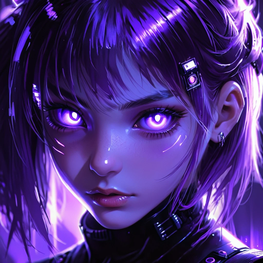 masterpiece,solo,1girl,cynerpunk,face portrait,glowing eyes,smooth skin,glowing hair,purple hue,
, <lora:holographic:0.8>