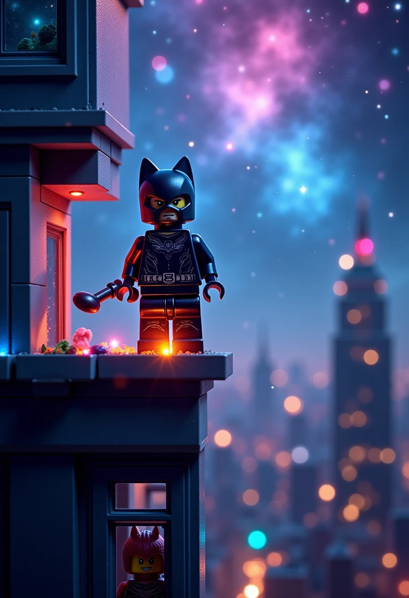 a LEGO scene featuring a Catwoman figure poised gracefully on the edge of a tall building at night. The building should have sleek, modern architecture, with detailed windows and a rooftop garden. Behind her, create a stunning galaxy backdrop filled with vibrant colors, swirling stars, and nebulae, casting a magical glow over the city. Catwoman should be in her classic costume, with her whip at her side, gazing confidently into the distance, embodying both elegance and strength against the breathtaking cosmic landscape . gl3go1xy <lora:FLUX_GL3GO1XY_LoRA:1>