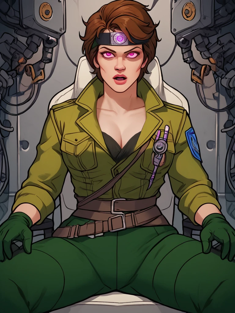 score_9, score_8_up, score_7_up, 1girl, solo <lora:Lady_Jaye_RAH_Pony:1> ladyjaye, rah, short hair, brunette, lips, olive uniform, green pants, sitting, strapped to machine, arms strapped to chairs, mind control machine, inside, lab, legs spread, facing forward, empty eyes, looking at viewer, metal mind control headband, open mouth, [cleavage]