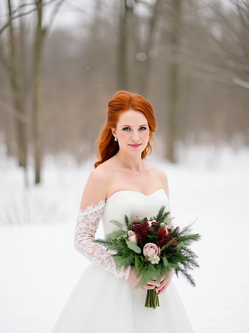 The photograph captures a serene, wintry scene featuring a bride holding a lush, festive bouquet in a snowy outdoor setting. The bride has voluminous, curly, vibrant red hair styled with a silver hairpin and is wearing a strapless, white wedding gown with intricate, long-sleeved lace detailing that cascades elegantly down her arms.