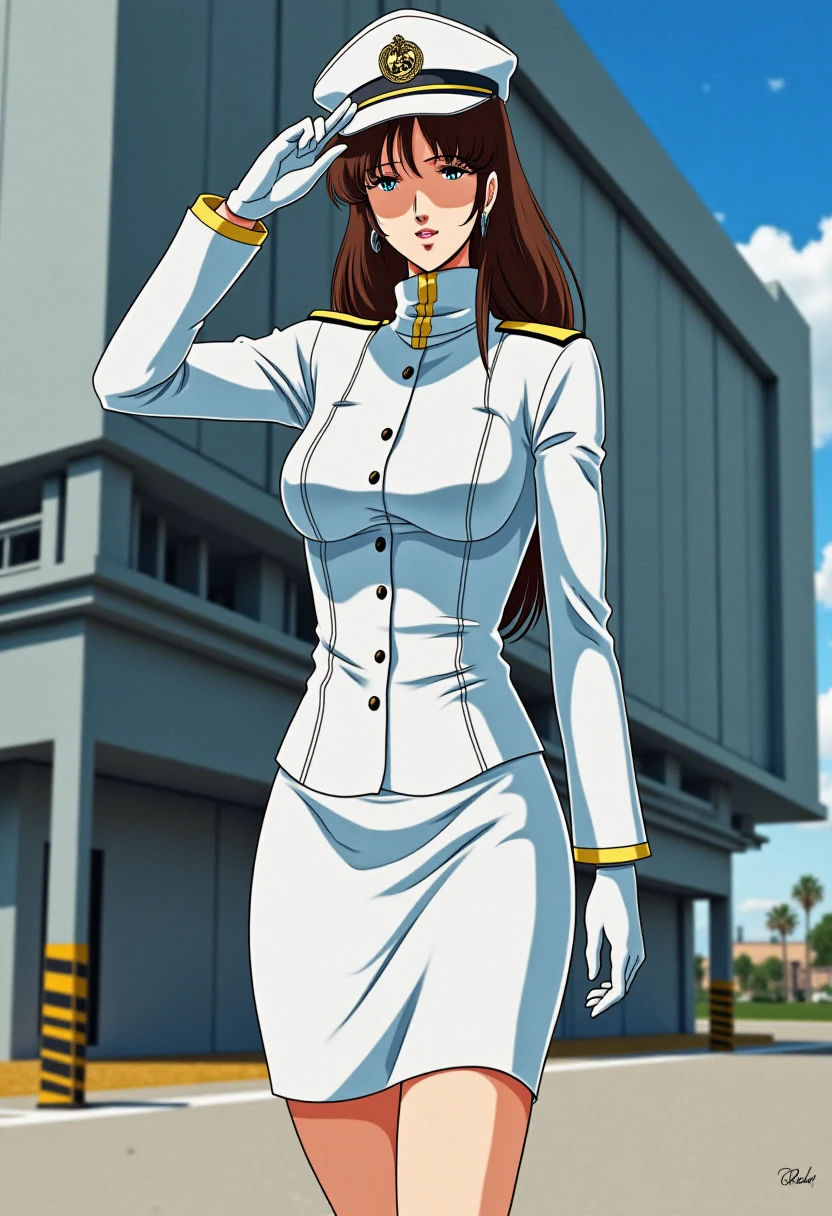 Anime style, sharp, high contrast and highly detailed. Ghibli anime style. Perfect anatomy. Perfect body ratio. No oversized head. No blurry, out of focus pictures. No simple background, no single color background.
She is wearing a white military uniform, white pencil skirt, white gloves and a military cap. She is standing outdoor, on a futuristic spaceship launch port. She faces the camera with a serious and determined expression, making a military solute. 
Wide angle, full body.
 <lora:Misa Hayase - (Flux)_epoch_5:1>, hayase_misa