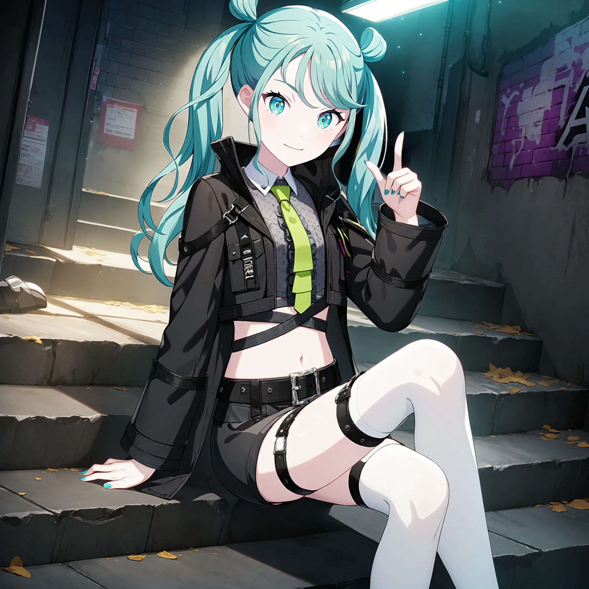 1girl, vivid bad squad miku, project sekai, masterpiece, very aesthetic, absurdres, official art,
brandnew vbsmiku, solo, aqua very long hair, twintails, hair bun, aqua eyes, nail polish, aqua nail,
(looking at viewer:1.4), grin, sitting on stair, index finger raised, 
navel, black shorts, black coat, coat, necktie, white thighhigh, aqua nails, midriff, black belt, long sleeves, nail polish, short shorts, shirt, green necktie, crop top, thigh strap, open coat, grey shirt, open clothes, collared shirt, white outline, black jacket, 
City of night, alley, night, brick wall, graffiti on wall, light rays, luminescence, dark atmosphere, neon sign,  
 <lora:sdxl-vs-BNvbsMiku05:0.9:lbw=0,0,0.2,0.2,0,0.4,0.4,0,0.8,0.8,0,0,0,0.8,0.8,0.6,0.8,0.0,0.0,0.0,0,0,0,0,0,0>