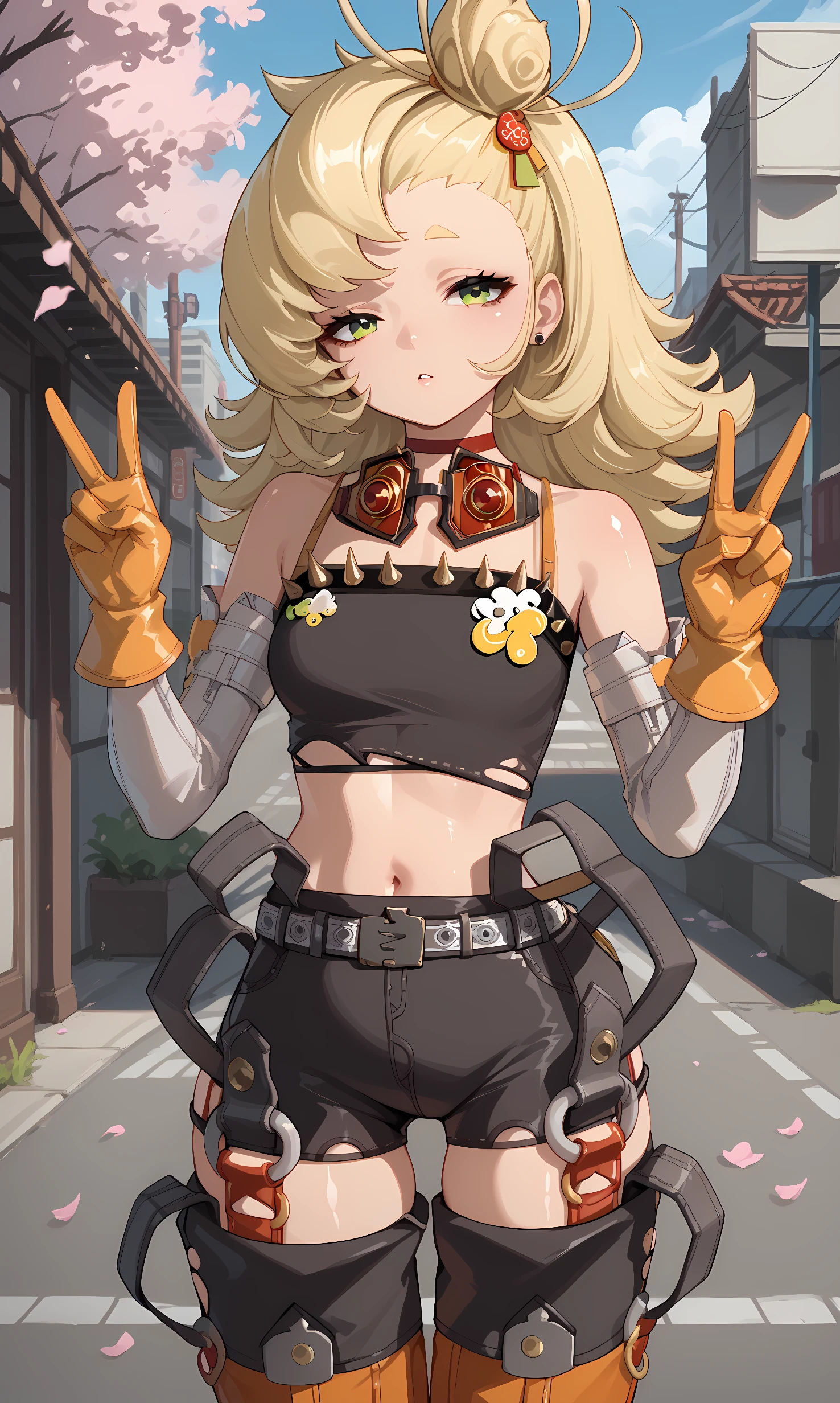 score_9, score_8_up, score_7_up, source_anime, 1girl, solo, outdoors, street, cherry blossoms, cowboy shot, standing, looking at viewer, shiny skin, piper, green eyes, blonde hair, long hair, hair ornament, earrings, jewelry, choker, goggles around neck, bare shoulders, black crop top, midriff, navel, detached sleeves, orange gloves, belt, black shorts, short shorts, orange pants, detached pants, double v