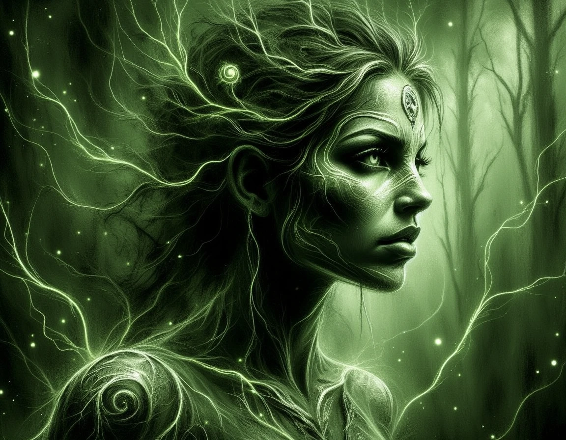 a charcoal electron  image of a dryad, female nature spirit, bark like woody skin texture, leafy viney hair and attire, serene or ethereal expression, green earthy coloration, nature infused eyes, associated trees, embodiment of the forest, carries symbols of nature, guardians of the forest in greek mythology, resplendent  ,<lora:Charcoal_Electron_Flux:1>,