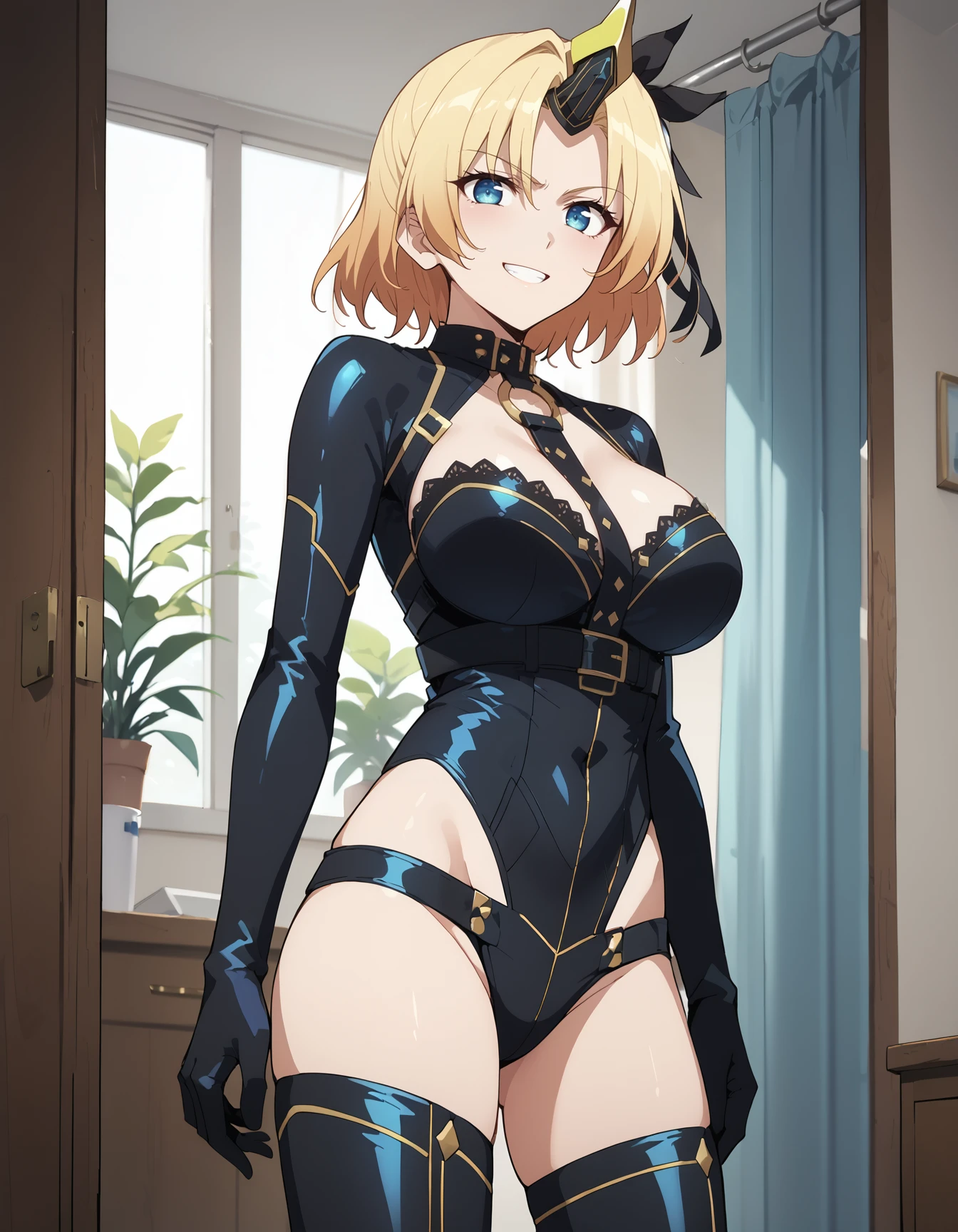 Arrogant look, Domineering smile, ruanyi0110, hat, katana, zipper, BDSM, dominatrix, black bodysuit, boots, (from above:1.2),((close up head)), open arms for viewer,　 djeeta,Zeta,One Girl,Blonde,Shiny Hair,short hair,hair band,Brown eyes,teenage, cute, very shiny 肌,Shiny body,plastic glitter 肌,exaggerated shiny 肌,illuminated 肌, (Huge breasts, Glamour:1.1),(Huge hips),Tight waist,Long legs,curve,Cleavage,erotic,Bold,Revealing clothing,show 肌, (Realistic eyes, Natural skin texture, Realistic facial details), High resolution,Sharp focus,(Super detailed,Very detailed),(Very detailed CG unity 8k wallpaper),(((Vibrant colors))),{best illustration}, Beautiful Eyes,Symmetrical eyes,Big eyes:1.5,Seductive eyes,((complete anatomy)),Perfect Fingers, pubic hair,(erection of nipple),Camel Toe, (cowboy shot), (((Glamorous clothing))),　