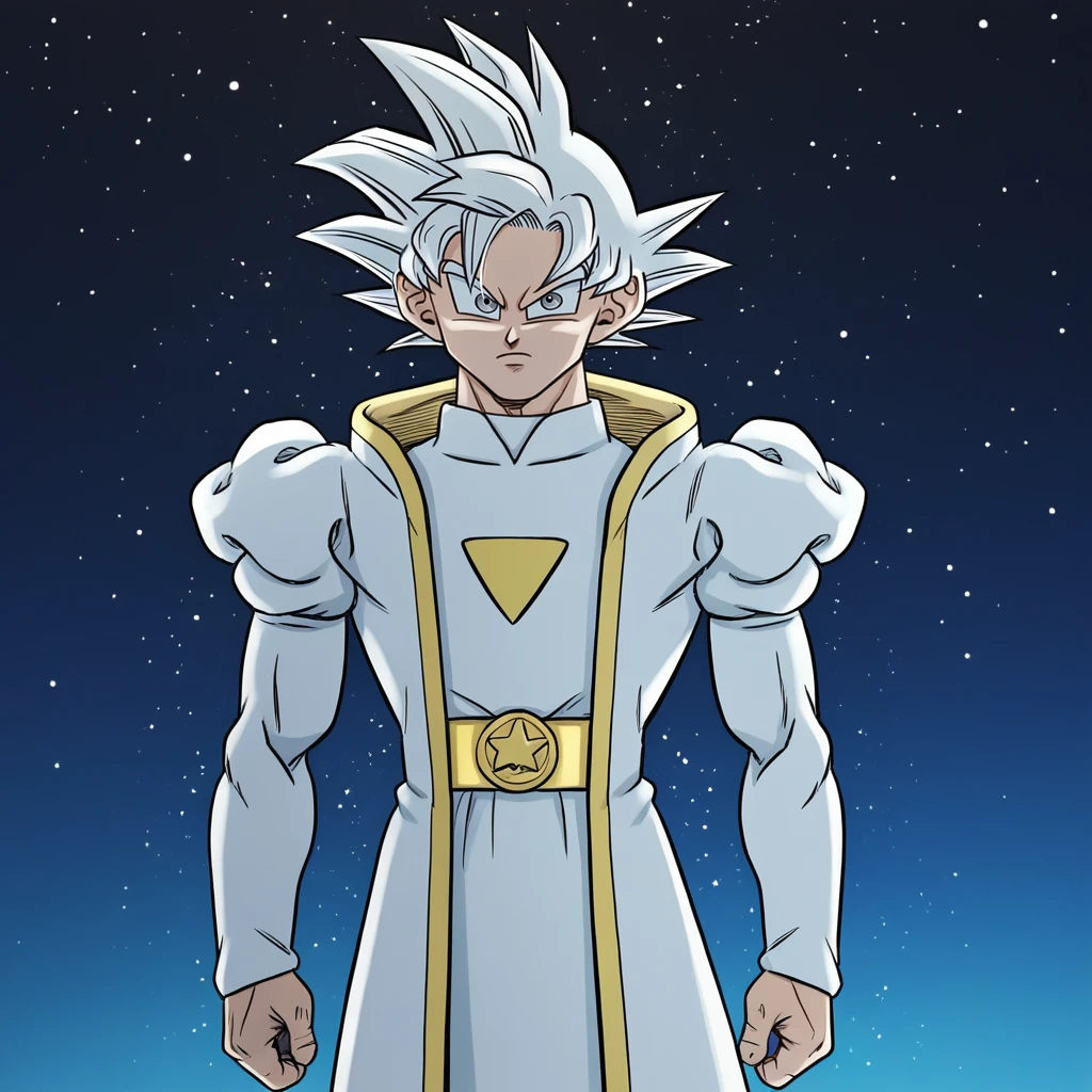 score_9_up, score_8_up, BREAK, Omni-Goku, 1boy, solo, white hair, spiked hair, grey eyes, Omni-King Outfit, cowboy shot,  <lora:Omni-Goku_RisingFist_PXL_Leaf1:1>, starry background,