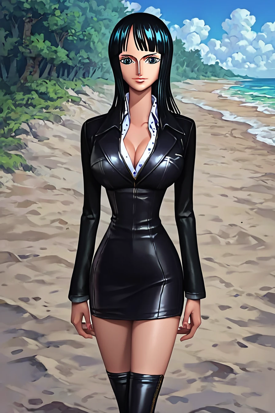 score_9, score_8_up, score_7_up, score_6_up, score_5_up, score_4_up, <lora:Nico_Robin_pretimeskip_many_outfit:0.9>, nico robin, blue eyes, black hair, blunt bangs, dark-skinned female, tan, black dress, collared dress, undershirt, long sleeves, black thigh boot, 1girl, alone, standing, looking at the viewer, masterpiece, highres, highly detailed face, highly detailed shining eyes, symmetrical highly detailed eyes, entire body,  beach, sand, sea