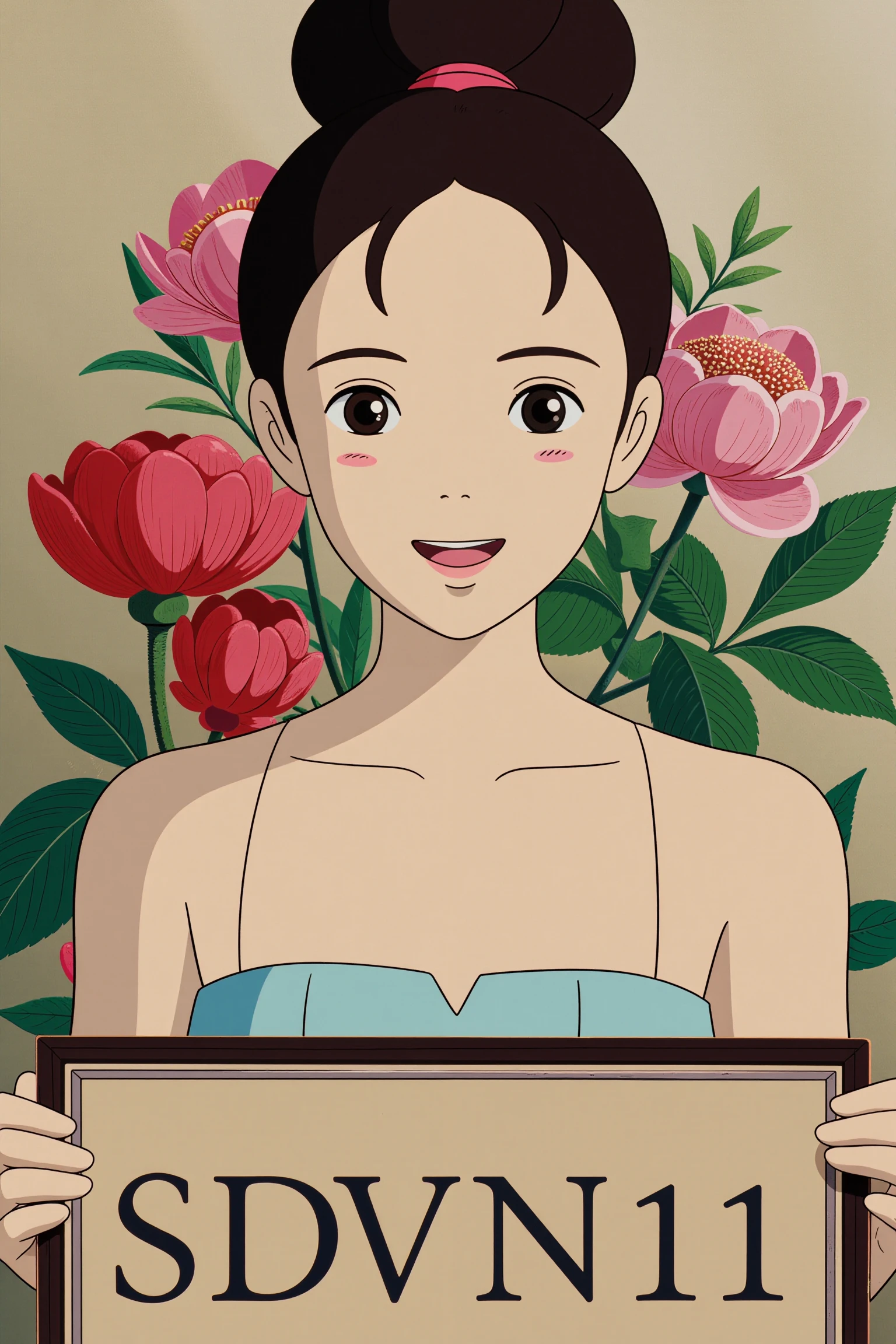 ghibli,
Portrait of a beautiful Vietnamese girl, smile, hand holding a board with the words "SDVN11", hair in a bun, bare shoulders, peony flowers in the background