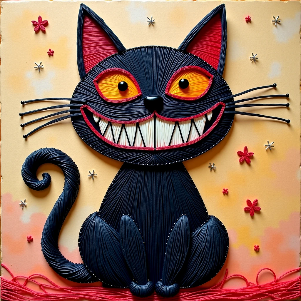 A string art cat, grinning wickedly.

strngartCE style