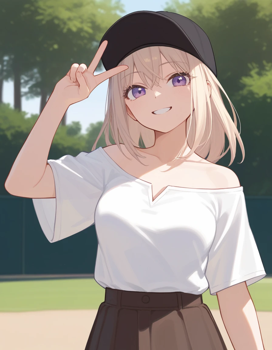 misumi uika, 1girl, solo, light smile, white shirt, brown skirt, cowboy shot, <lora:misumi_uika_PonyXL:1>, black baseball cap, outdoors, v, strapless, medium breasts,, score_9, score_8_up, score_7_up