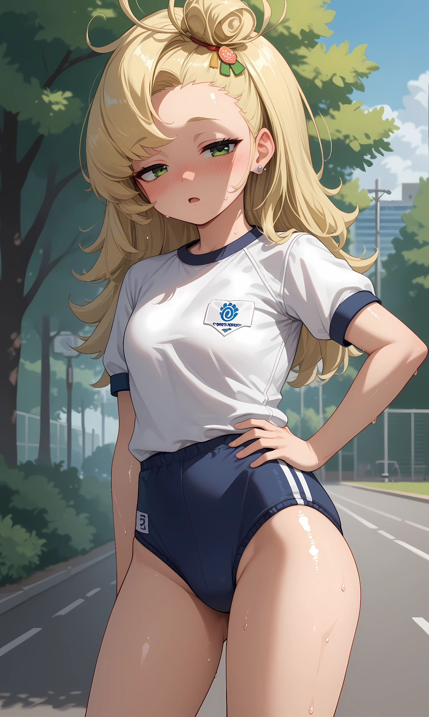 score_9, score_8_up, score_7_up, source_anime, 1girl, solo, outdoors, park, cowboy shot, standing, looking at viewer, shiny skin, piper, green eyes, blonde hair, long hair, hair ornament, earrings, jewelry, white shirt, short sleeves, gym uniform, buruma, nose blush, sweat, half closed eyes, sleepy, closed mouth, hand on hip, open mouth