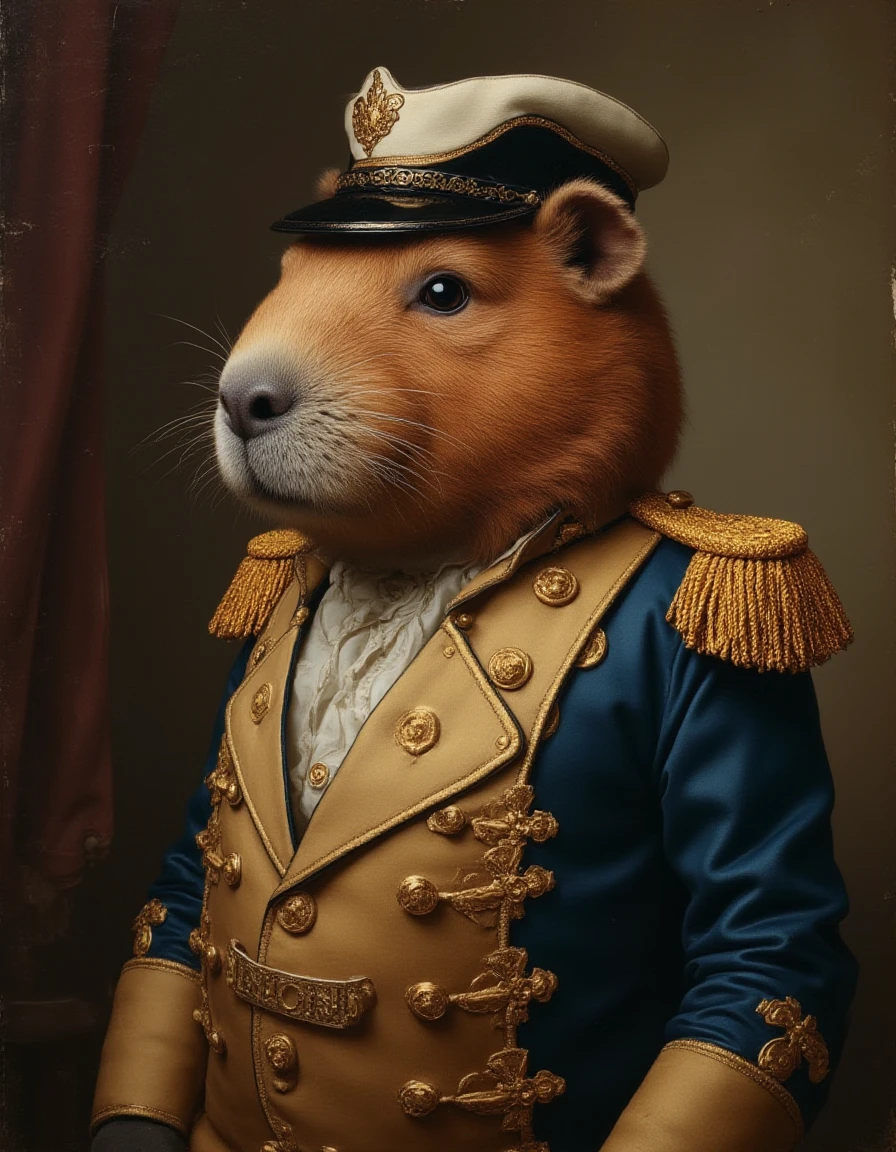 oil painting, of a stunning capybara, wearing a 1700s admirals uniform and admiras hat,  <lora:FHM_Magazine_Concept:1>