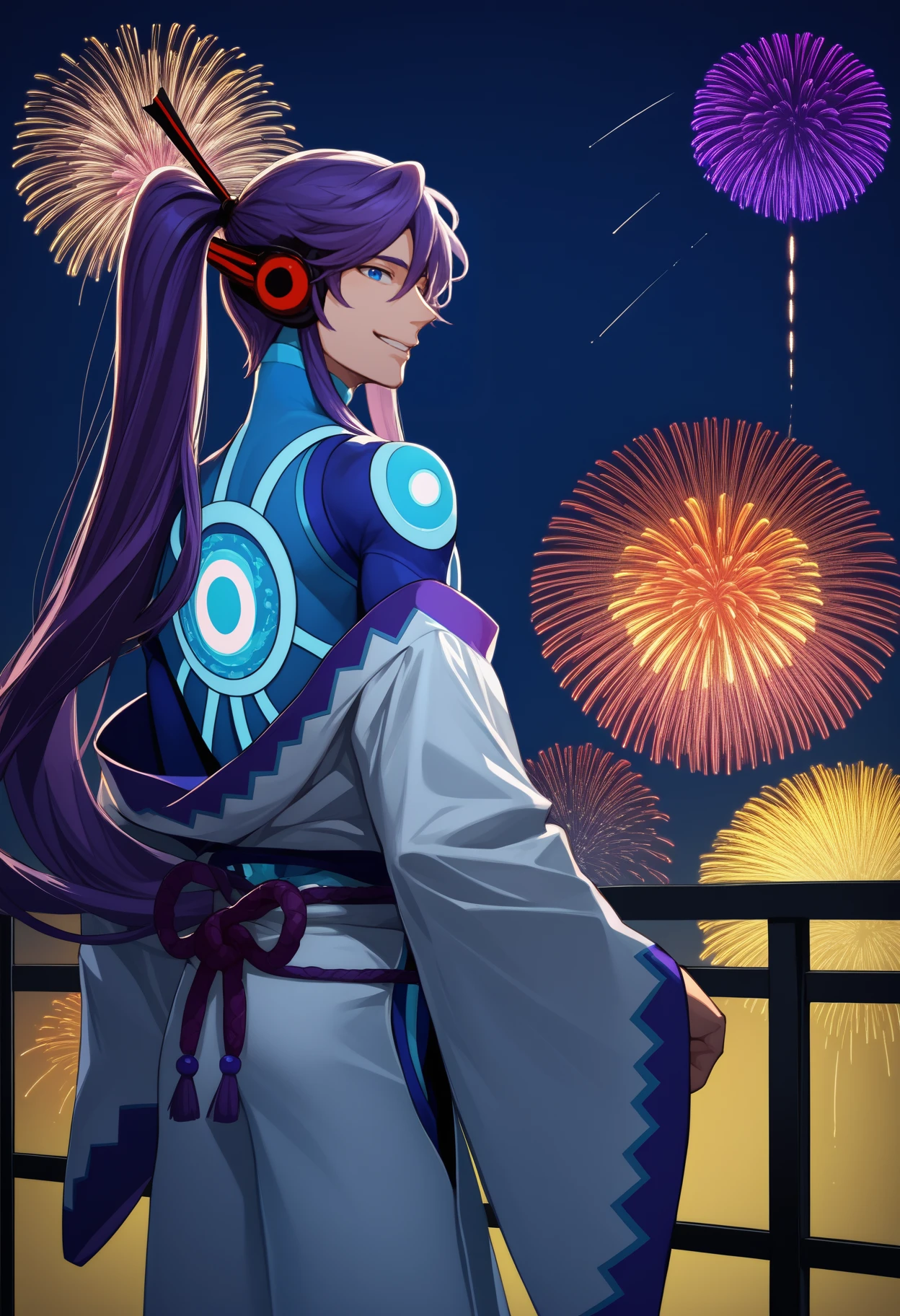 score_9, score_8_up, score_7_up, source_anime, <break> from behind, solo, male focus, 1boy, cmgkpo, smile, looking back, long hair, purple hair, ponytail, headphones, blue eyes, japanese clothes, white kimono, off shoulder, blue bodysuit, fireworks
<segment:yolo-face_yolov8m.pt,0.4,0.5//cid=1>