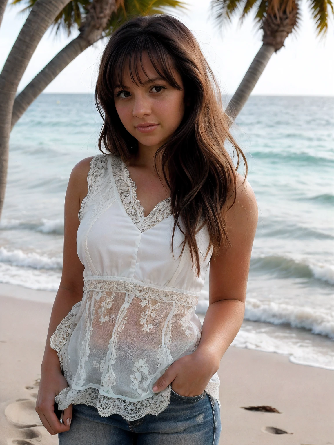 photo of woman, mackenzierosman, Lace Top at Romantic Beach Walk, <lora:mackenzierosman:1>