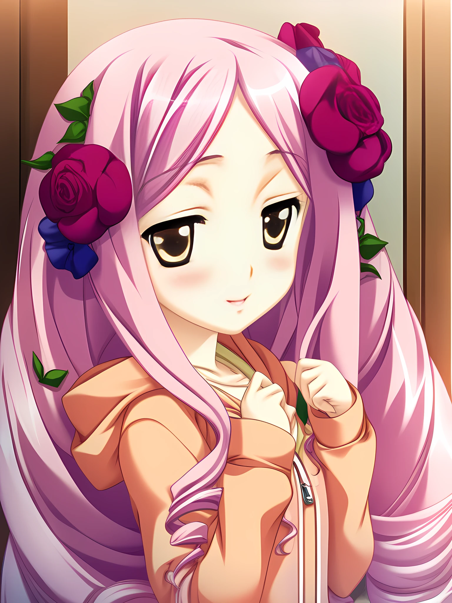 best quality,absurdres,game cg,1girl,solo,teenager,petite,(pale pink hair:0.9),hair flower,(long hair:1),(curly hair:0.9),orange_hoodie,Onigiri,<lora:Anna Sprengel XL1.0 V1:1>,