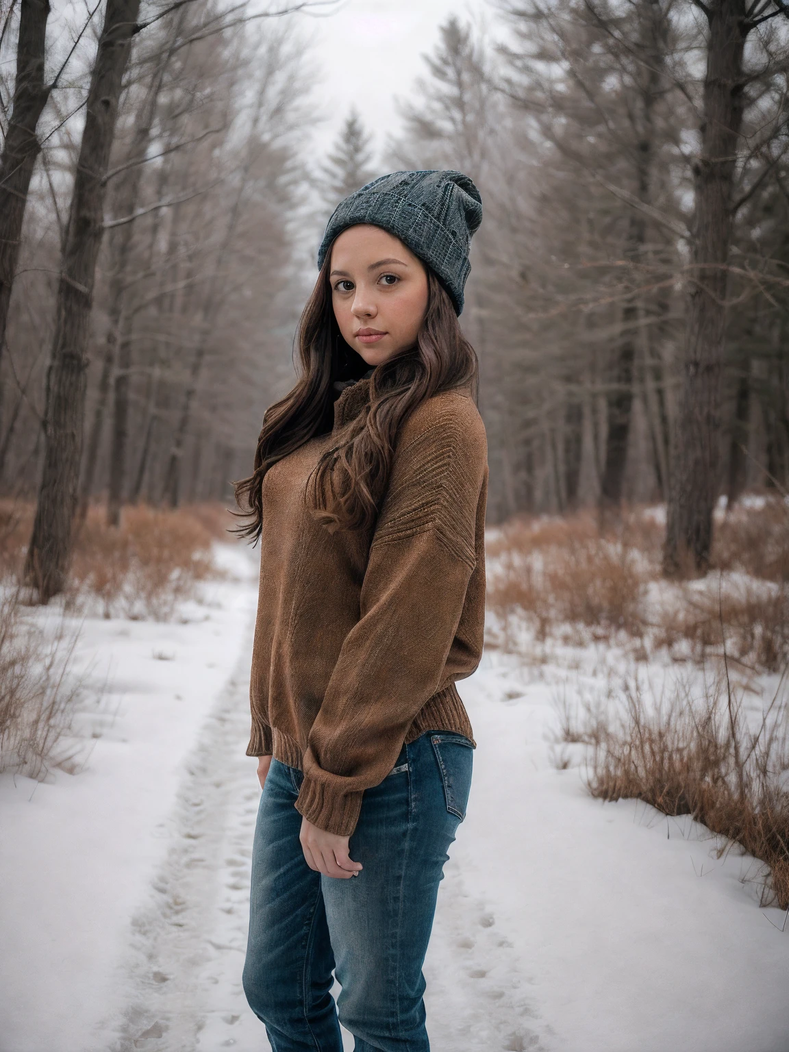 photo of woman, mackenzierosman, Sweater at Winter Hike, <lora:mackenzierosman:1>