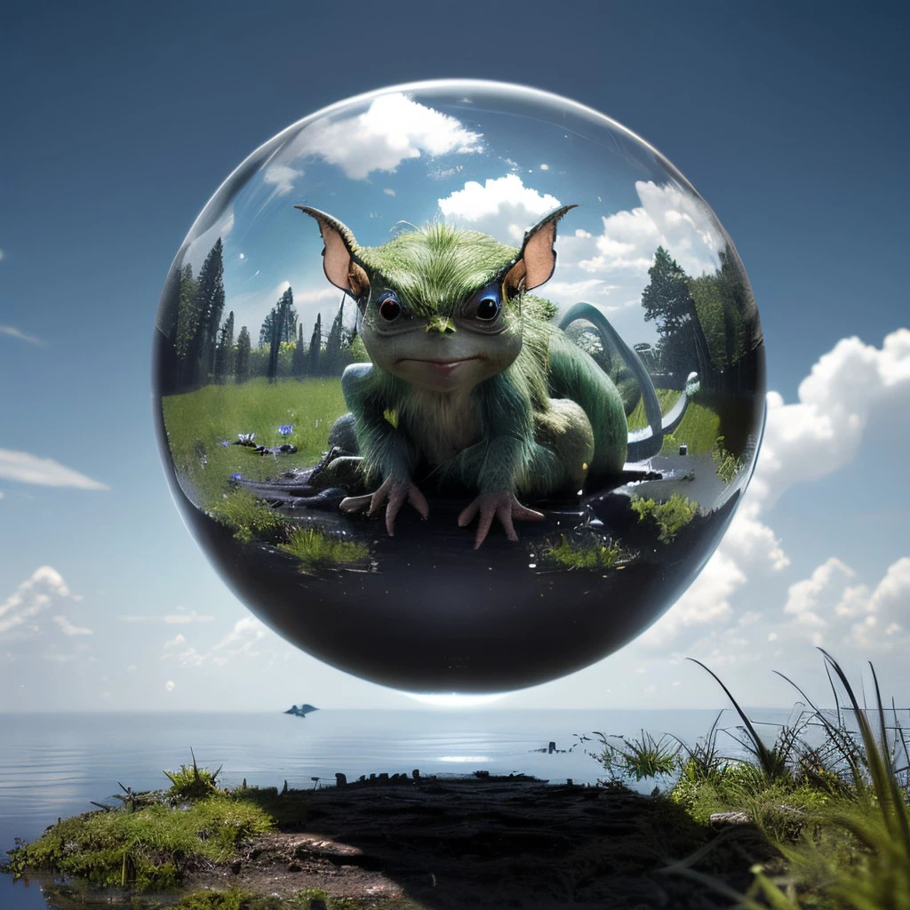 masterpiece, best quality, intricate photo, floating one meter over ground (glass sphere with gremlin), Background swamp blue cloudy sky, hyper realistic, highly detailed, sharp focus, high resolution, 8K, <lora:GlassSphere:0.5>