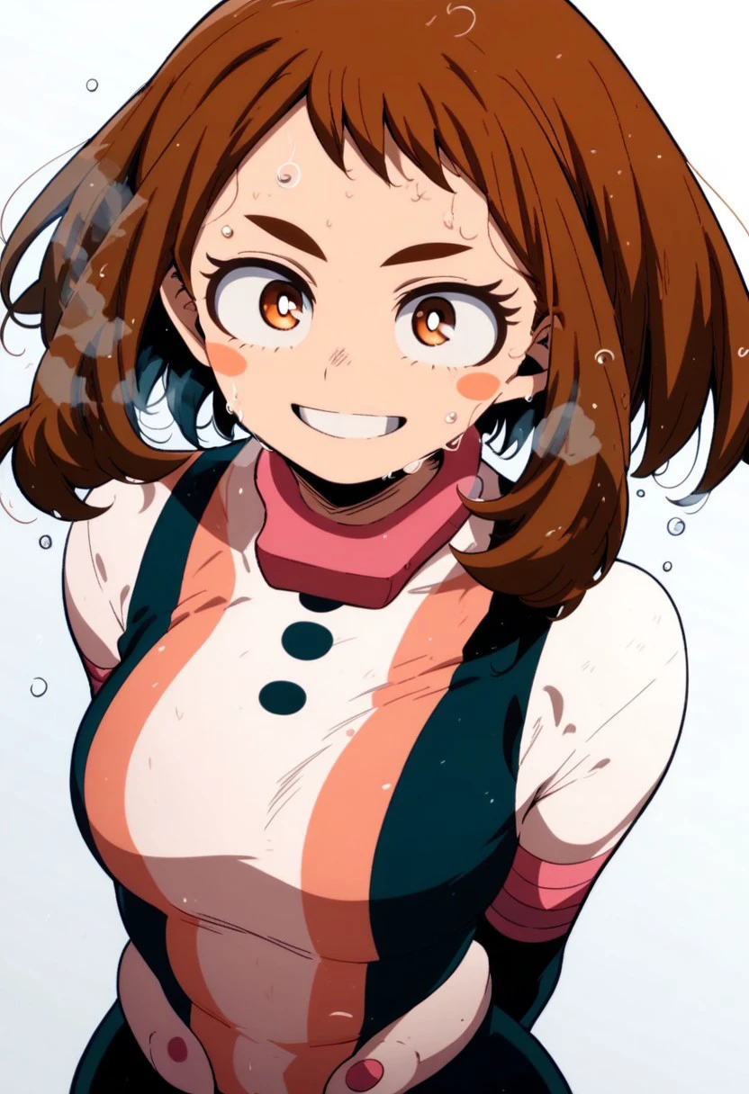 flatshinyskin, score_9, score_8_up, score_7_up , 1girl, 1girl, mosaic censoring, smile, slight seductive pose,, medium breasts, sweating, breasts,, long skirt, 1girl, solo focus, Upper body, hands behind back,  wet, sweaty, sweating, steam
ochako_uraraka, 1girl, score_9, score_8_up, score_7_up, brown hair, brown eyes, white pupil, blush stickers, bodysuit, simple background, solo focus, perfect body, curvey, thick waist, thick body, skin tight dress, , front view, front focus, looking at viewer, seductive expression, smile, teeth,  ANIMESTYLE
 adult, oval face shape, long forehead bangs, milf, ADULT, long forehead bangs, bangs over eye,