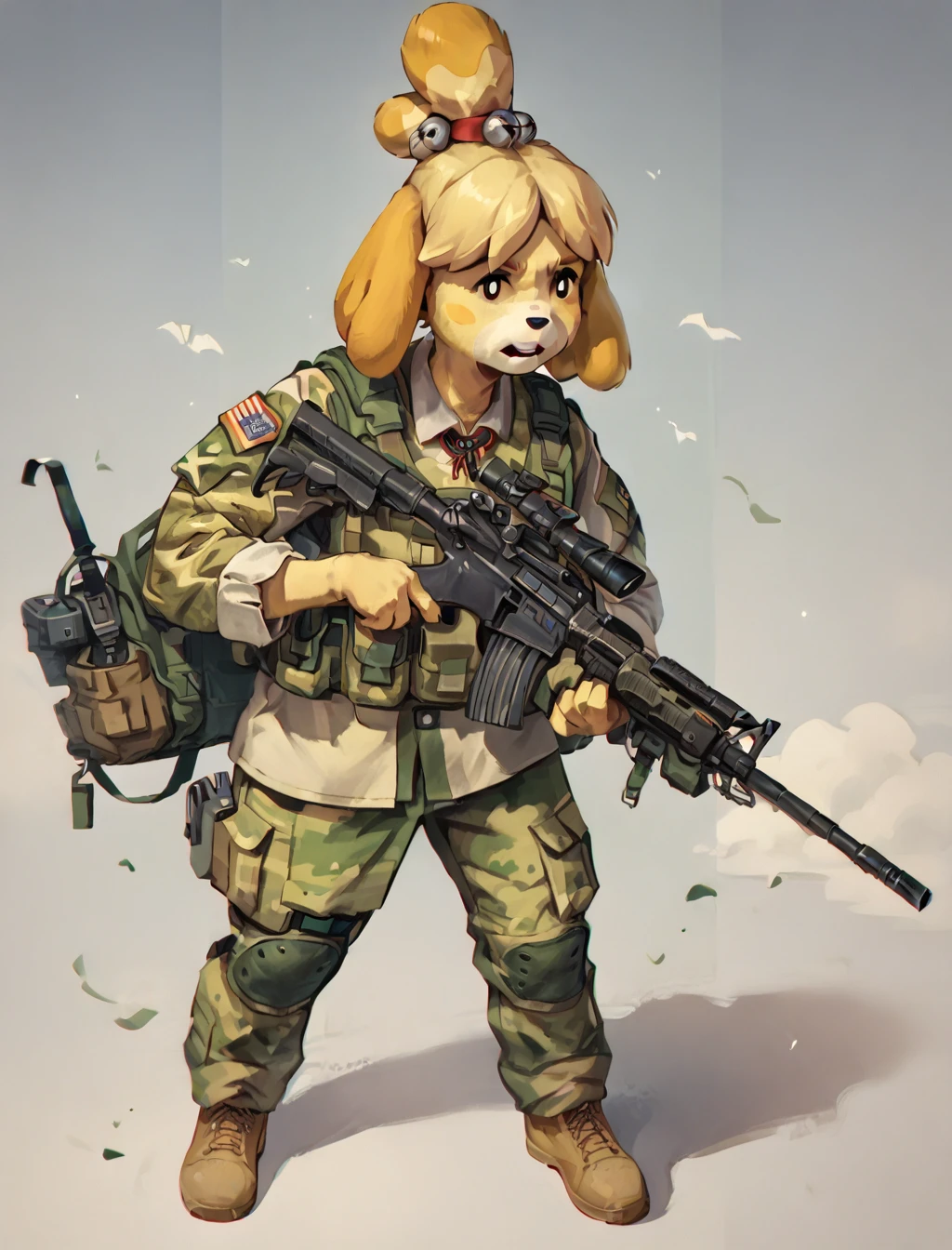 score_9, score_8_up, score_7_up, score_6_up, score_5_up, AmericanSoldier, isabelle \(animal crossing\), full body, m4 carbine, holding gun, rifle, assault rifle,  <lora:AmericanSoldierV2:1>