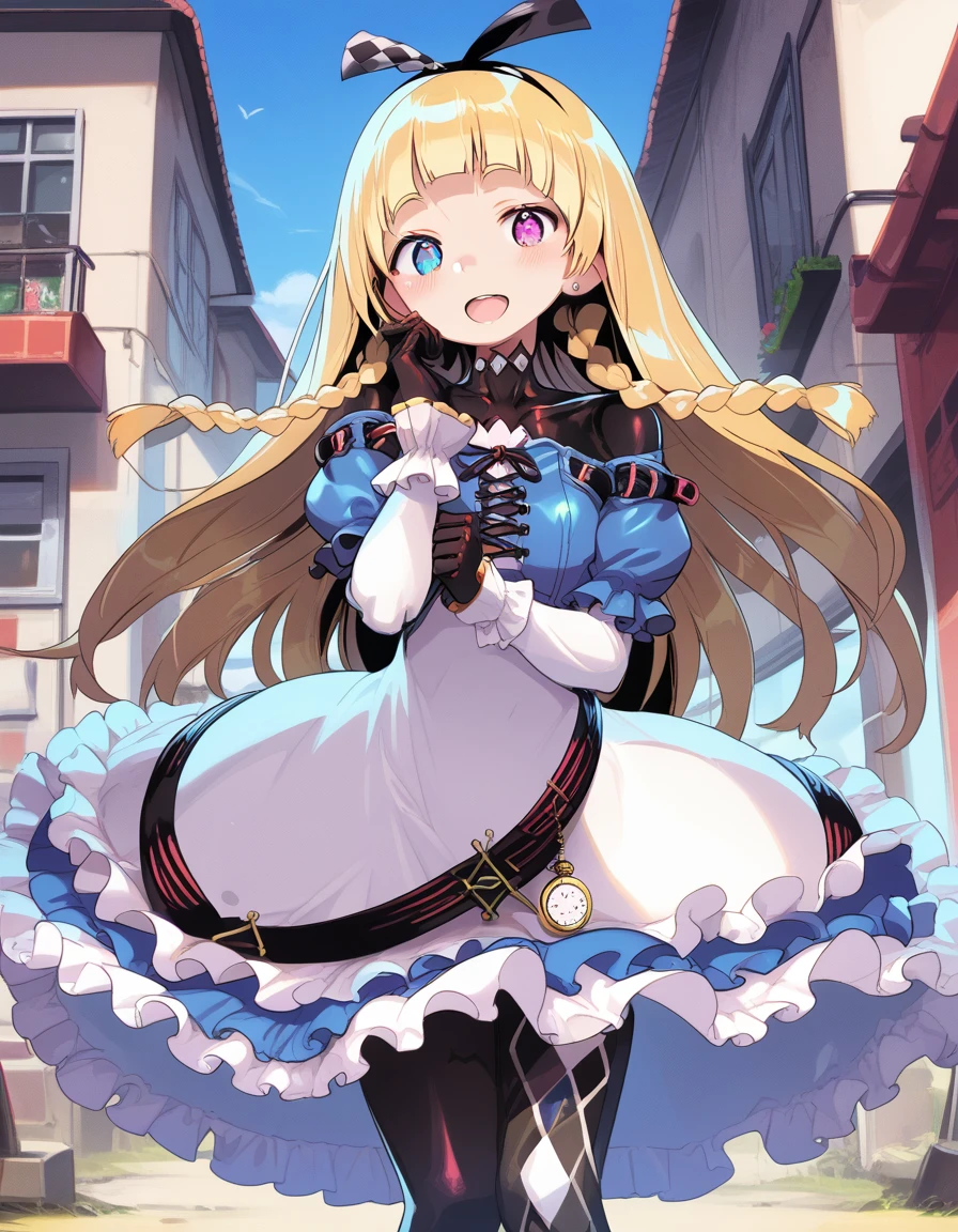 alyce_(dohna_dohna), blonde hair, long hair, pink eyes,blue eyes,heterochromia,twin braids, blunt bangs, side braids,
black hairband, bodysuit under clothes, black bodysuit, frilled dress, black gloves, argyle clothes, blue dress, white dress, watch, pocket watch, black footwear, frills, argyle legwear, pantyhose,two-tone dress, shoes, cross-laced dress, purple eyes, puffy sleeves, short sleeves, long sleeves, ribbon
 <lora:alyce_(dohna_dohna)_pony_v1:1>
standing, (dynamic pose) ,
open mouth, blush,light smile
looking at viewer,(cowboy shot,:1.3),
outdoors,, score_9, score_8_up, score_7_up, best quapoty, highres, absurdres, source_anime, zPDXL2, 1girl,