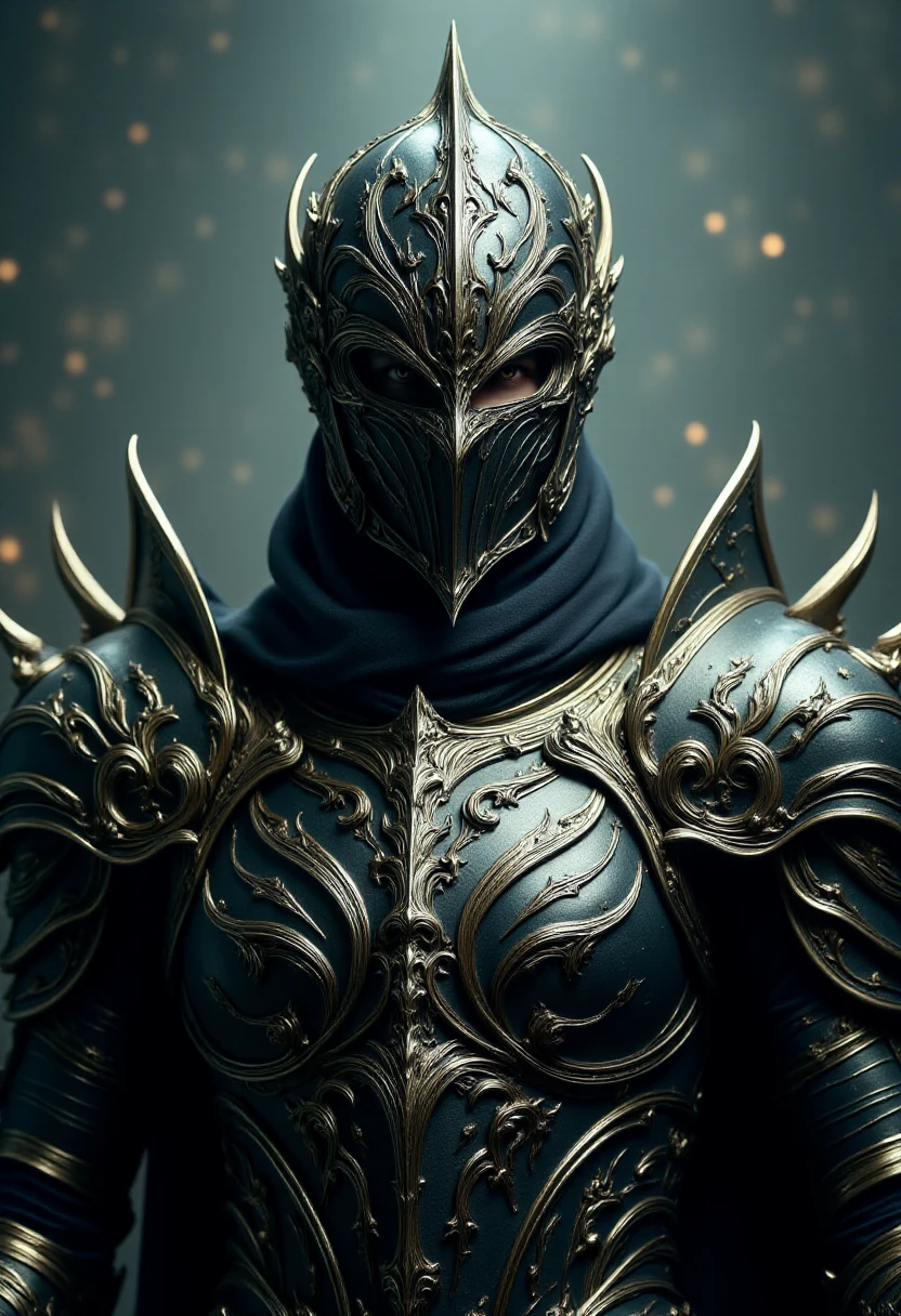 a menacing and fearsome portrait of a male flux_dk, in ornate silver and black armor <lora:Dark_Knights_Flux:1>