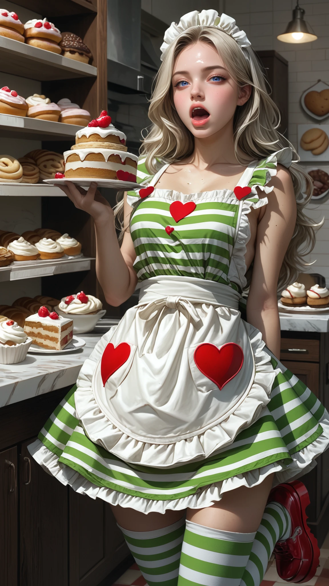 score_9, score_8_up, score_7_up, BREAK, 1 woman, wearing reij-limehearted, white dress, green stripes, white ribbin, heart pattern, white stockings with green strips, red platform shoes  <lora:reij-limehearted:1>, bakery,  detailed background,pastries, eating a cake, sugar on her face, flour on the apron, (close up), open mouth