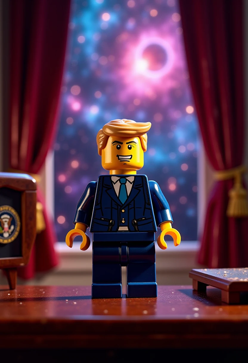 a LEGO scene featuring a Trump figure standing confidently in the Oval Office of the White House. The office should be richly detailed, with iconic elements like the Resolute Desk, elegant curtains, and a presidential seal. Behind the figure, design a mesmerizing galaxy backdrop, filled with swirling stars and vibrant colors that contrast with the formal setting. The figure should be dressed in a suit and tie, gesturing as if addressing a crowd, with a look of determination. The juxtaposition of the political setting and the cosmic background symbolizes ambition and the vastness of possibilities . gl3go1xy <lora:FLUX_GL3GO1XY_LoRA:1>