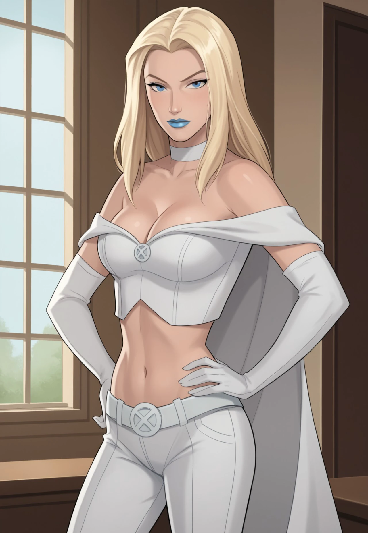 safe_pos, PonyXLV6_Scores BREAK (((parody, animification:1.2)), perfect anatomy, cowboy shot), emma frost, blonde hair, long hair, blue eyes, flirting, ((looking back at viewer)), blue lips, lipstick, bare shoulders, cleavage, midriff, cape, elbow gloves, belt, pants, curvy, toned, athletic, standing, hand on hip, sexually suggestive, indoors