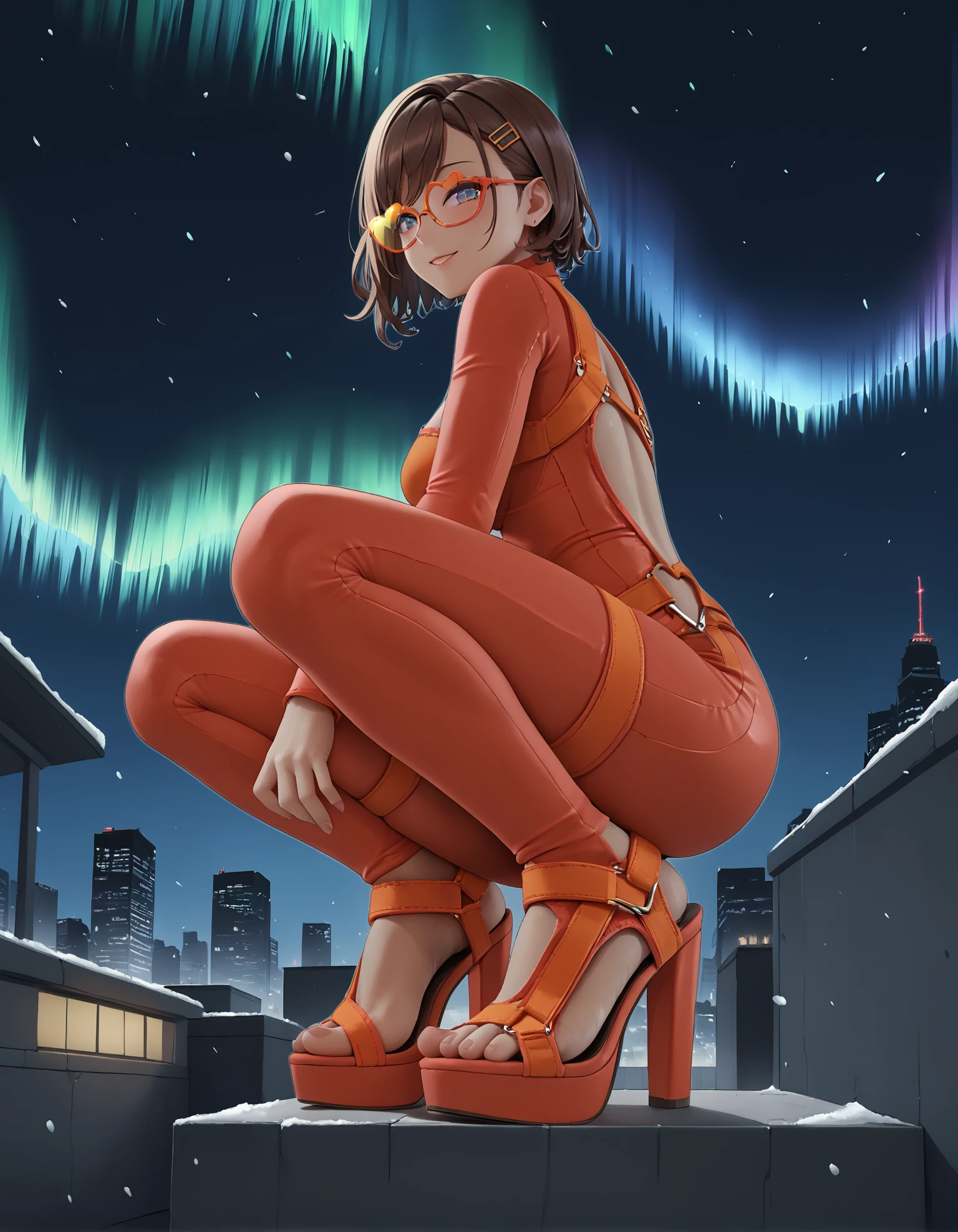 1girl, dark skin,
squatting, (rooftop:1.3), (skyline:1.2),  
from side,
red bodysuit, heart-shaped cutout, sexy attire,
brown hair, short hair, curly hair, 
(sp0rts4nd4l heels), feet, toes,
from below, 
heart-shaped glasses, orange frame glasses,
snowing, aurora borealis, 
night, dark, dark background, Low-key lighting,
color grading,
embedding:zPDXL2 ,