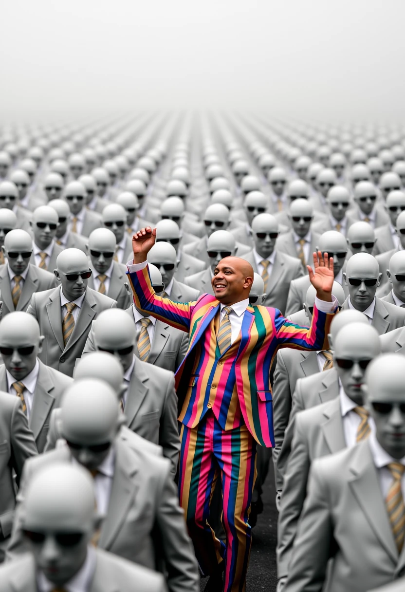 A 8K Photograph of a army of men in grey suits, drag, dreary, boring and greyscale. Thousands of them. Among the grey men should be a single man, with a super vibrant multi colored suit, dancing, having the time of his life. The man should symbolize being unique and enjoying yourself even if everyone around you is boring.