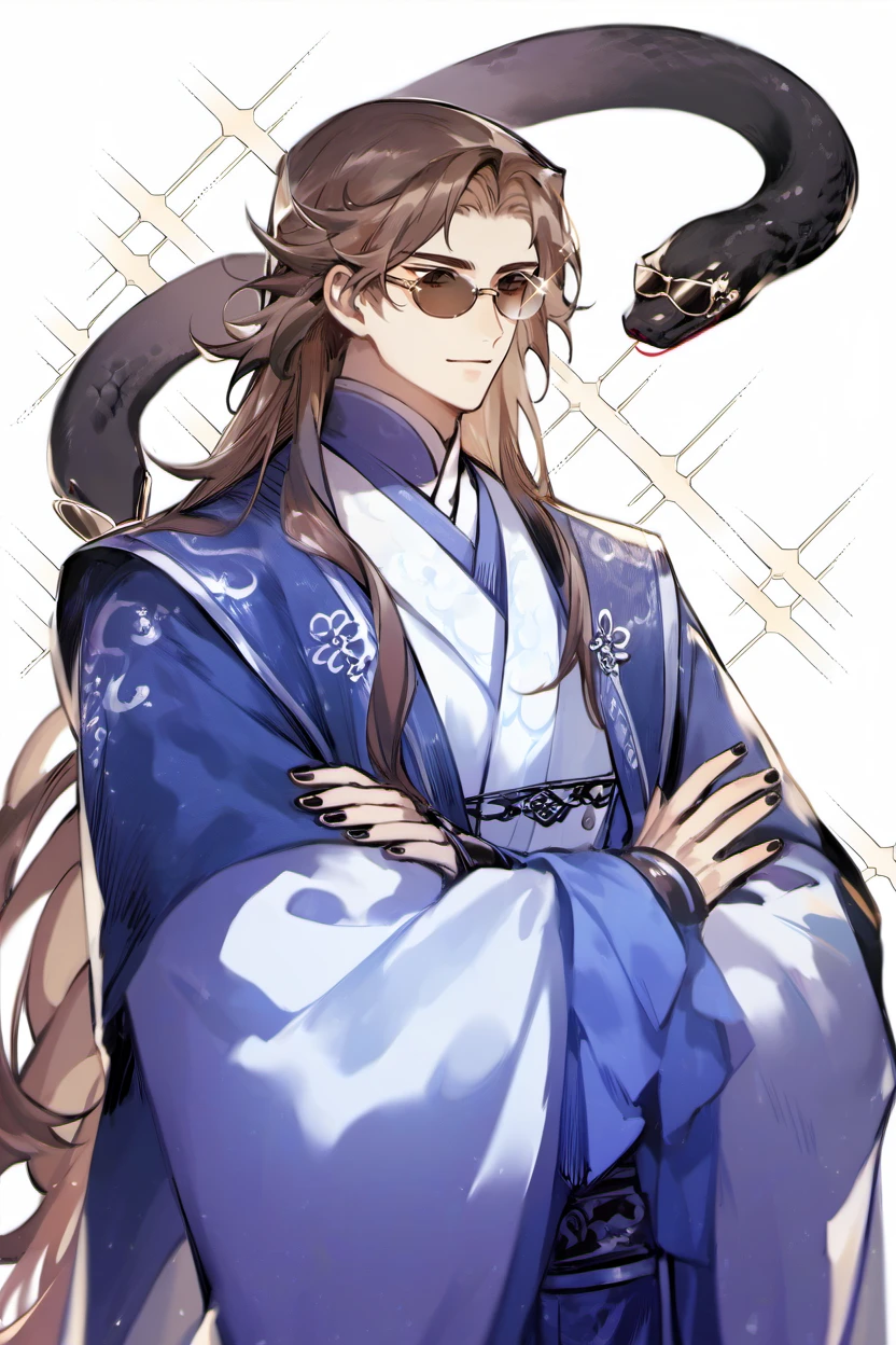 score_9, score_8_up, score_7_up, masterpiece, best quality,
 <lora:StariweiStyle:1>  stariwei_style
 solo, long hair, brown hair, long sleeves, 1boy, closed mouth, upper body, male focus, wide sleeves, sparkle, chinese clothes, crossed arms, sunglasses, black nails, snake,