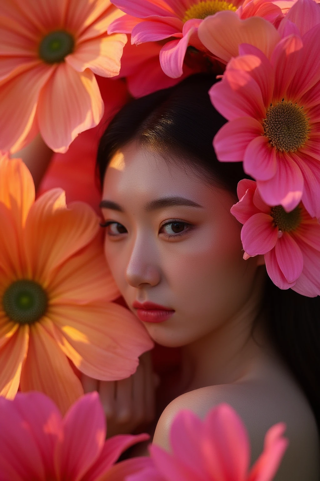 Instagram close up portrait of a young woman Ch43ry with a vibrant background filled with large, bold flowers. The flowers dominate the composition, creating a sharp contrast with her skin tone and overall appearance. Her expression is calm and slightly mysterious, with her gaze subtly turned to the side, away from the camera. Some of the large flowers overlap with her figure, creating a dreamy, surreal atmosphere, as if she is either merging with or emerging from the floral background.