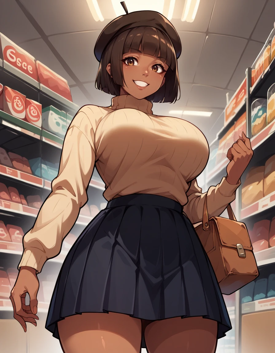 score_9, score_8_up, score_7_up,score_6_up, score_5_up, score_4_up ,
1girl, 
large breasts,
BrettaDG, Short hair, dark-skinned female, brown eyes, brown hair, blunt bangs,
Skirt, pleated skirt, long sleeves turtleneck sweater, 
indoors,store, mitsukoshi \(department store\), 
from below,
Beret,
smile, 
 <lora:Bretta DG v01-000003:0.90>