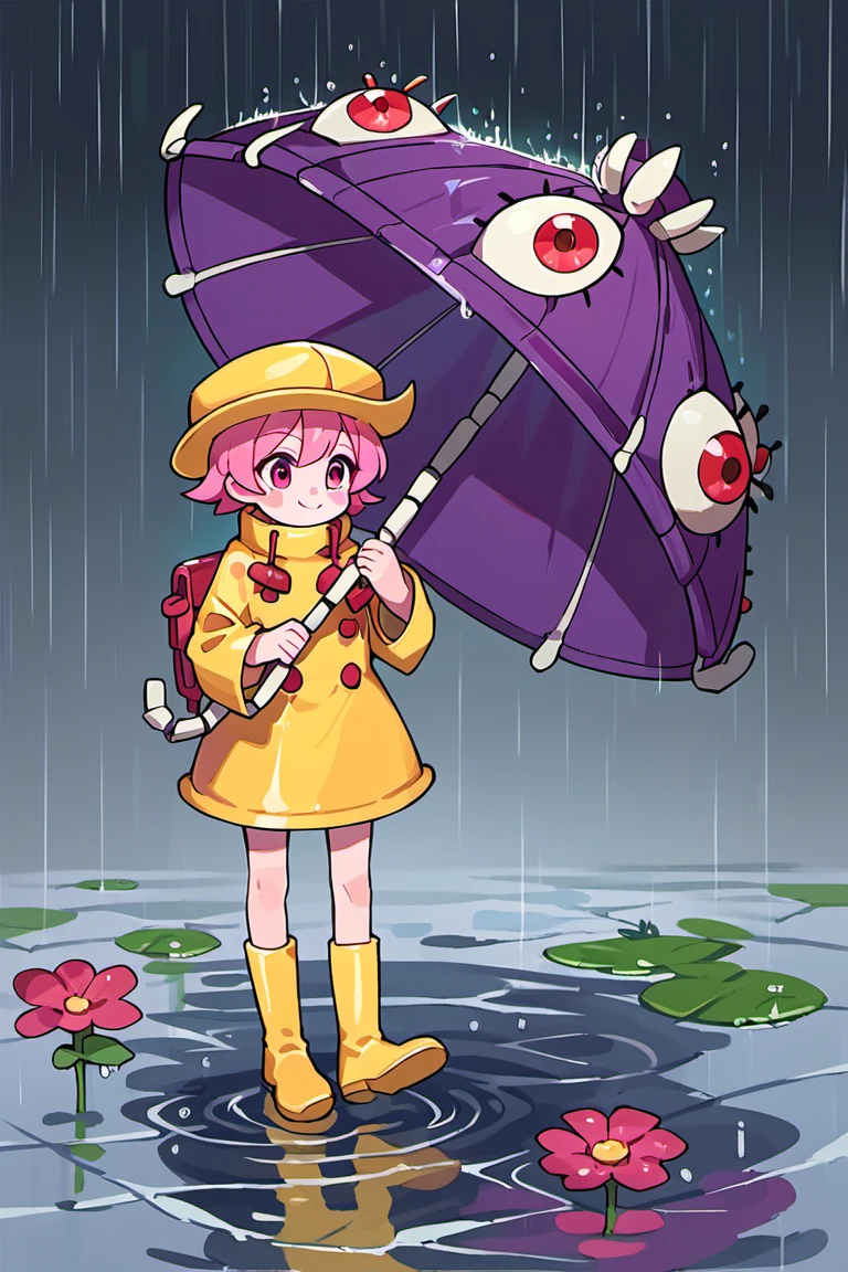 score_9, score_8_up, score_7_up,source_anime,skg_umbrella, 1girl, solo, blush, smile, short hair, red eyes, hat, pink hair, flower, boots, pink eyes, umbrella, rain, yellow footwear, hydrangea, puddle, rubber boots, raincoat, yellow raincoat