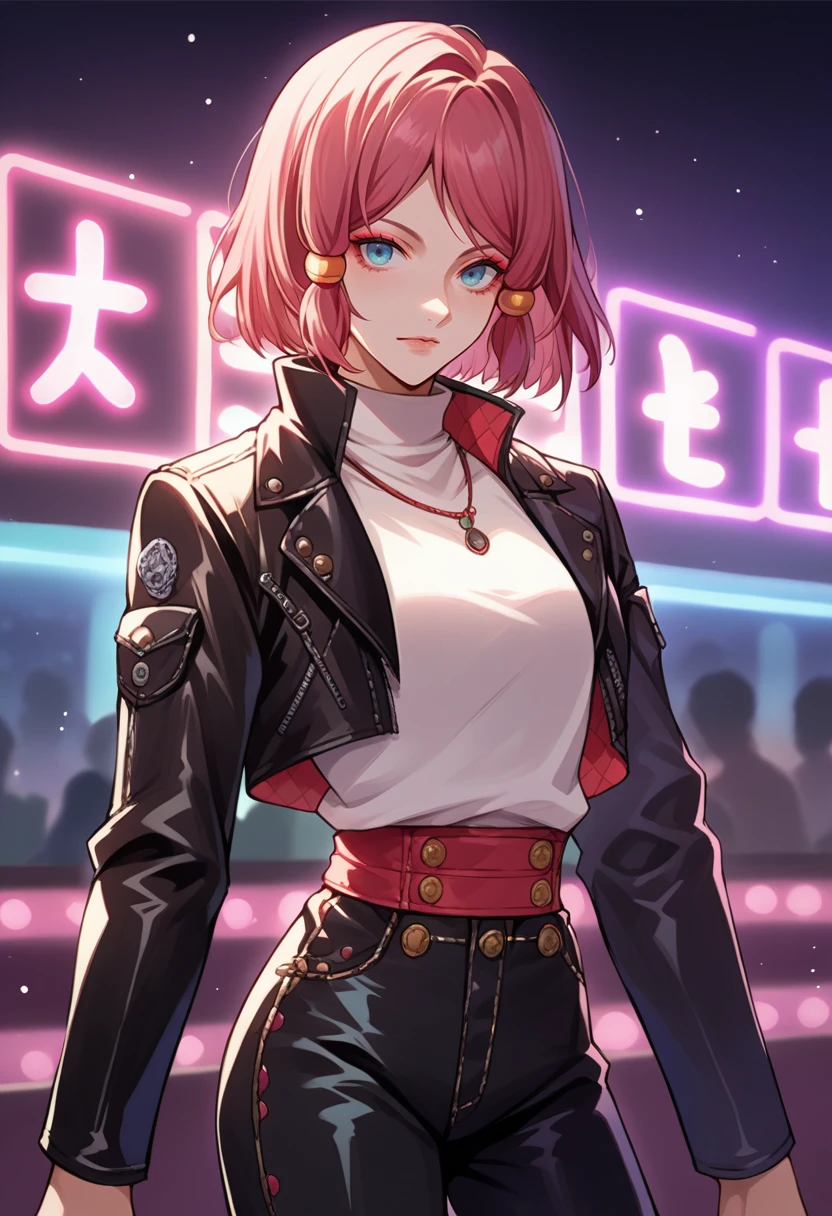 score_9, score_8_up, source_anime, 1girl, solo, RoseTales, blue eyes, pink hair, short hair, hair tubes, cowboy shot, nightclub, neon lights, bokeh, depth of field, makeup, leather jacket, turtleneck, high waist pants, <lora:ChamRoseToZPonyXL:1>