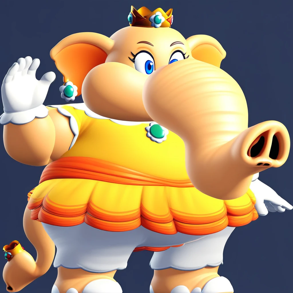 (masterpiece, best quality), 1girl, large, obese, female, elephant, pink dress, (white gloves:1.1), crown on her head, blue pearl earrings, pink skin, pooltoy, floating in water