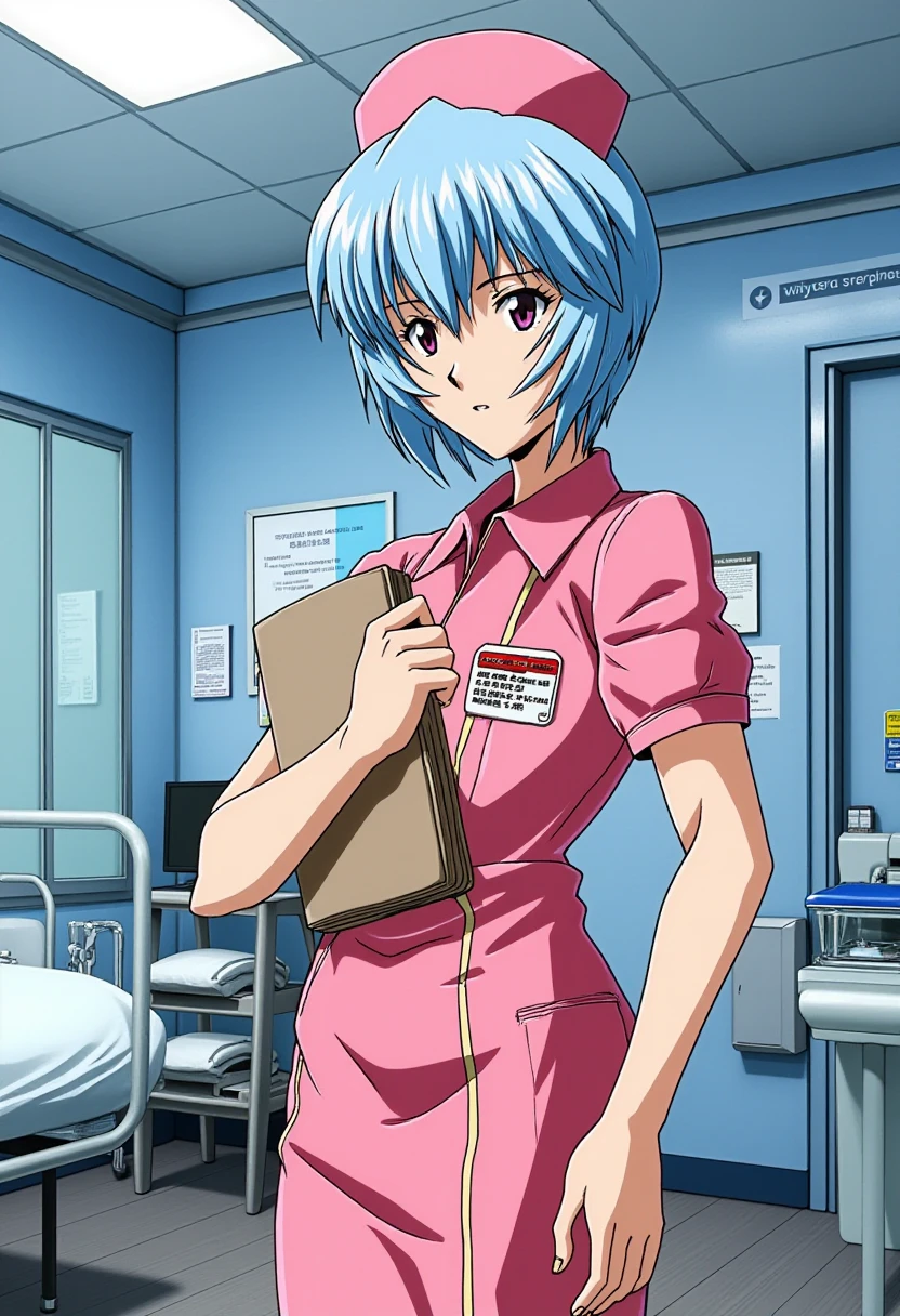 Anime style, sharp, high contrast and highly detailed. Ghibli anime style. Perfect anatomy. Perfect body ratio. No oversized head. No blurry, out of focus pictures. No simple background, no single color background.
A nurse is standing inside a ward. She is holding a folder. She wears a nurse uniform and nurse cap with matching colors.
Full body, wide angle.
 <lora:Nurse_Uniform_-_Anime_Flux-000003:1> <lora:Ayanami_Rei_-_Flux_prototype:1> ppayanamirei. she has pale blue hair.