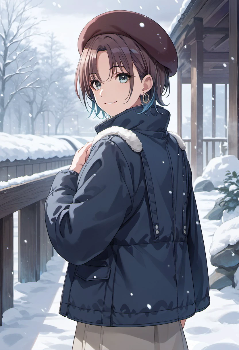 score_9, score_8_up, score_7_up, source_anime,asakura toru, short hair, brown hair, blue hair, blue eyes, 1girl, solo, hat, snow, looking at viewer, earrings, smile, jewelry, looking back, beret, snowing, outdoors, boots, jacket