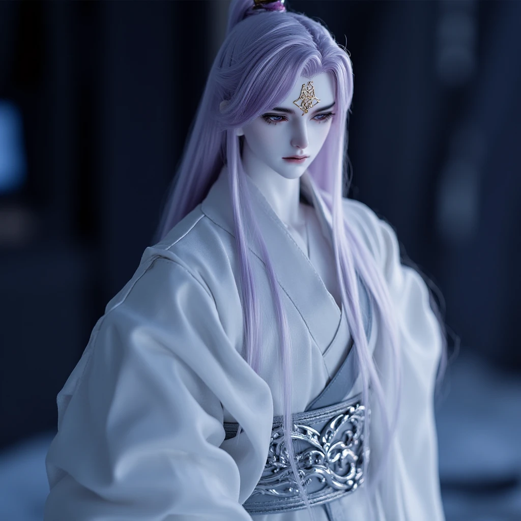 BJD. This is a high-resolution photograph depicting a surreal, ethereal scene. The subject is a tall, slender individual with long, flowing, silvery purple hair that cascades down past his shoulders. His skin is pale and he has an intricate, symmetrical gold pattern covering his forehead, an Asian cultural symbol. His facial features are delicate and refined. He is dressed in a voluminous, white robe with a quilted texture, which appears to be made of a soft, silky fabric. The robe is cinched at the waist with a silver belt adorned with intricate, metallic designs. The background is dark and blurred, with subtle hints of blue and black. The lighting is soft and diffused, creating a dreamlike, almost ethereal atmosphere.