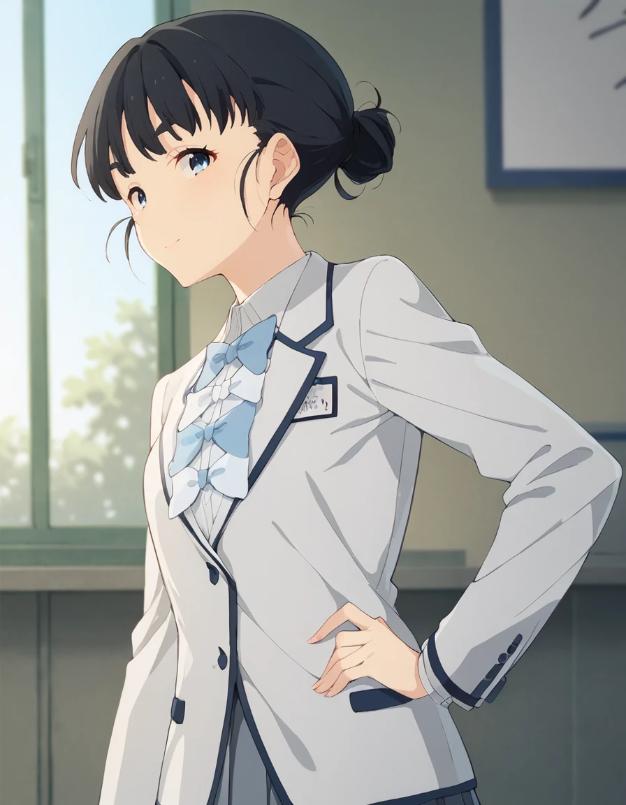 score_9, score_8_up, score_7_up, source_anime, BREAK
1girl, solo, looking at viewer, blurry,  background, portrait, standing, from side, hand on own hip,
tiara basori, black hair, short hair, (thick eyebrows:0.6), blue eyes, hair bun,
winter school uniform, white blazer, white collared shirt, long sleeves, cyan bowtie, white bowtie, (name tag:0.6), grey pleated skirt, black pantyhose, white footwear,
<lora:tiara_basori_anime_v2-soralz:1>