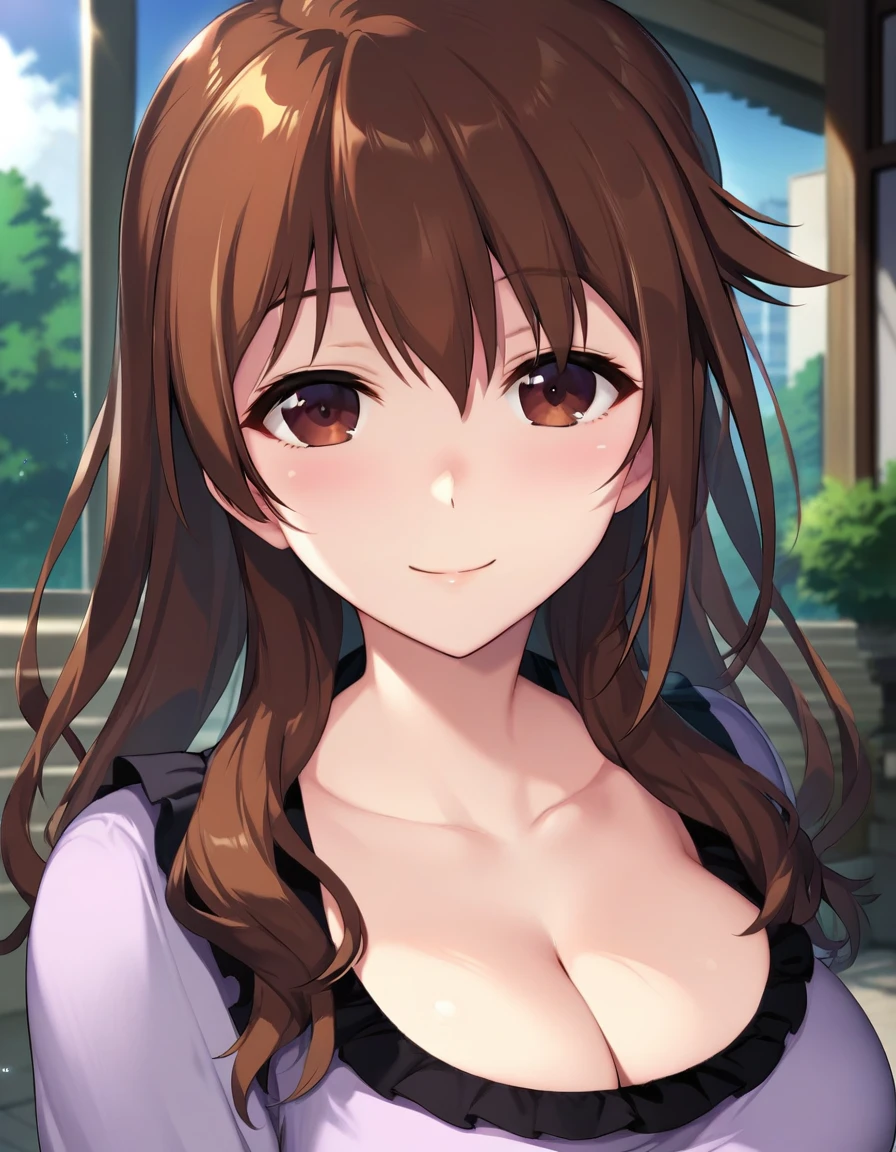 score_9,score_8_up,score_7_up,score_6_up BREAK official art,solo,outdoors,upper body,(portrait:1.5),looking at viewer,facing viewer,smile,blush,mature female,Takasaki Asuka,long hair,shiny hair,brown hair,hair between eyes,sidelocks,bangs,brown eyes,collarbone,cleavage,frills,blouse,purple shirt,long sleeves,jewelry,wedding ring,large breasts,blue skirt,pleated skirt,blue footwear,<lora:Takasaki Asuka(oin)-Pony:1.4>,